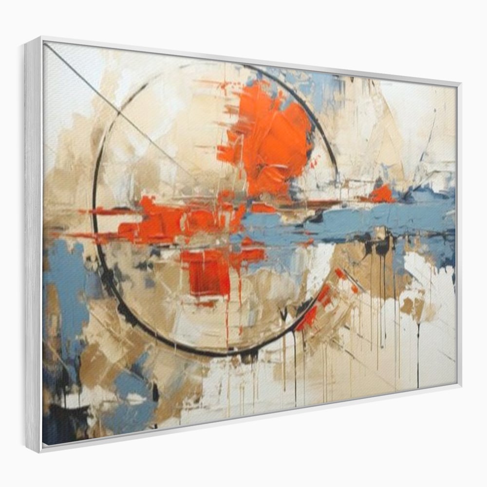 Tablou canvas cu pictura abstracta cu cerc negru si pete rosii, in rama de aluminiu argintiu