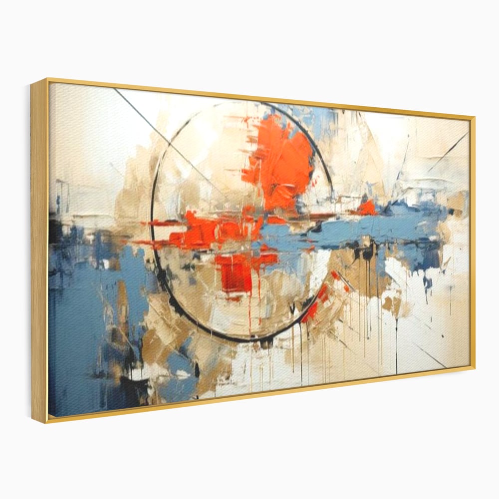 Tablou canvas cu pictura abstracta cu cerc negru si pete rosii, in rama de aluminiu auriu