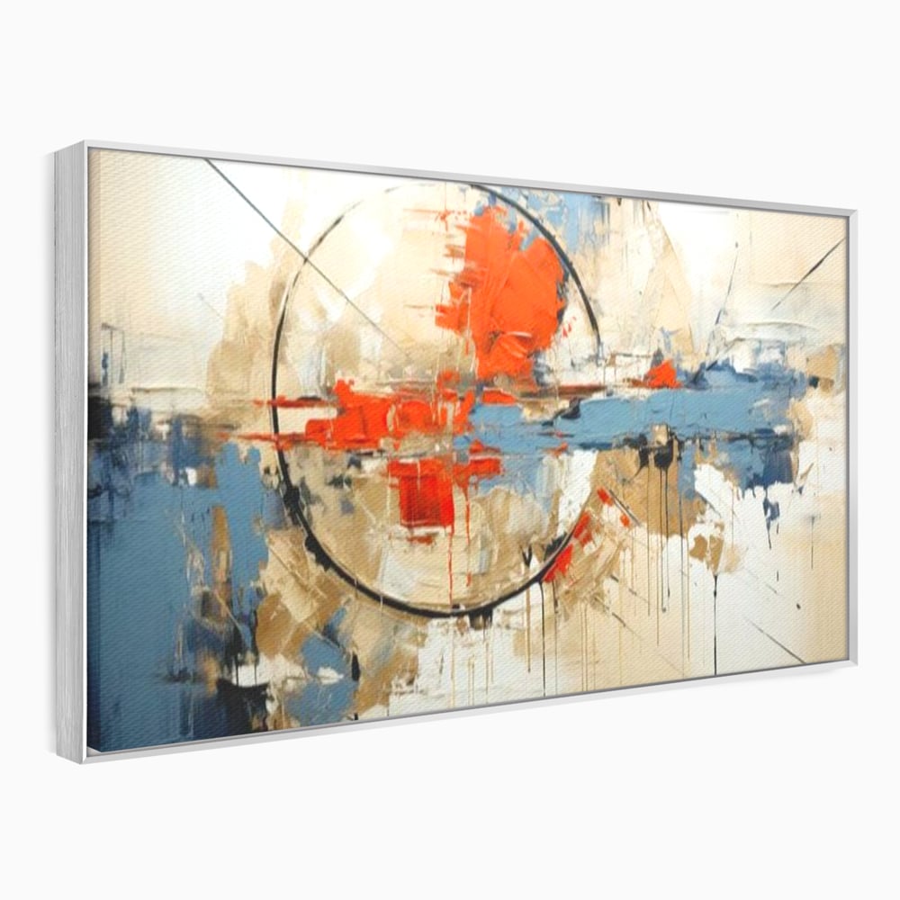Tablou canvas cu pictura abstracta cu cerc negru si pete rosii, in rama de aluminiu argintiu