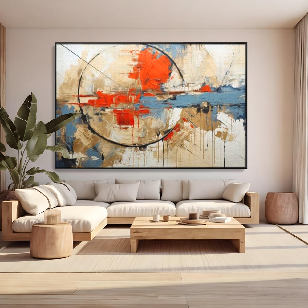Tablou canvas cu pictura abstracta cu cerc negru si pete rosii, in rama de aluminiu negru, pe perete intr-un living