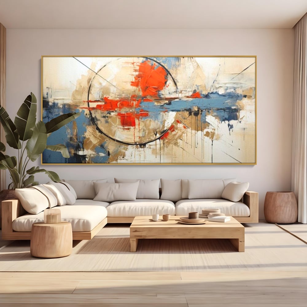 Tablou canvas cu pictura abstracta cu cerc negru si pete rosii, in rama de aluminiu auriu, pe perete intr-un living
