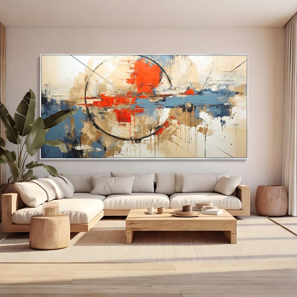 Tablou canvas cu pictura abstracta cu cerc negru si pete rosii, in rama de aluminiu argintiu, pe perete intr-un living
