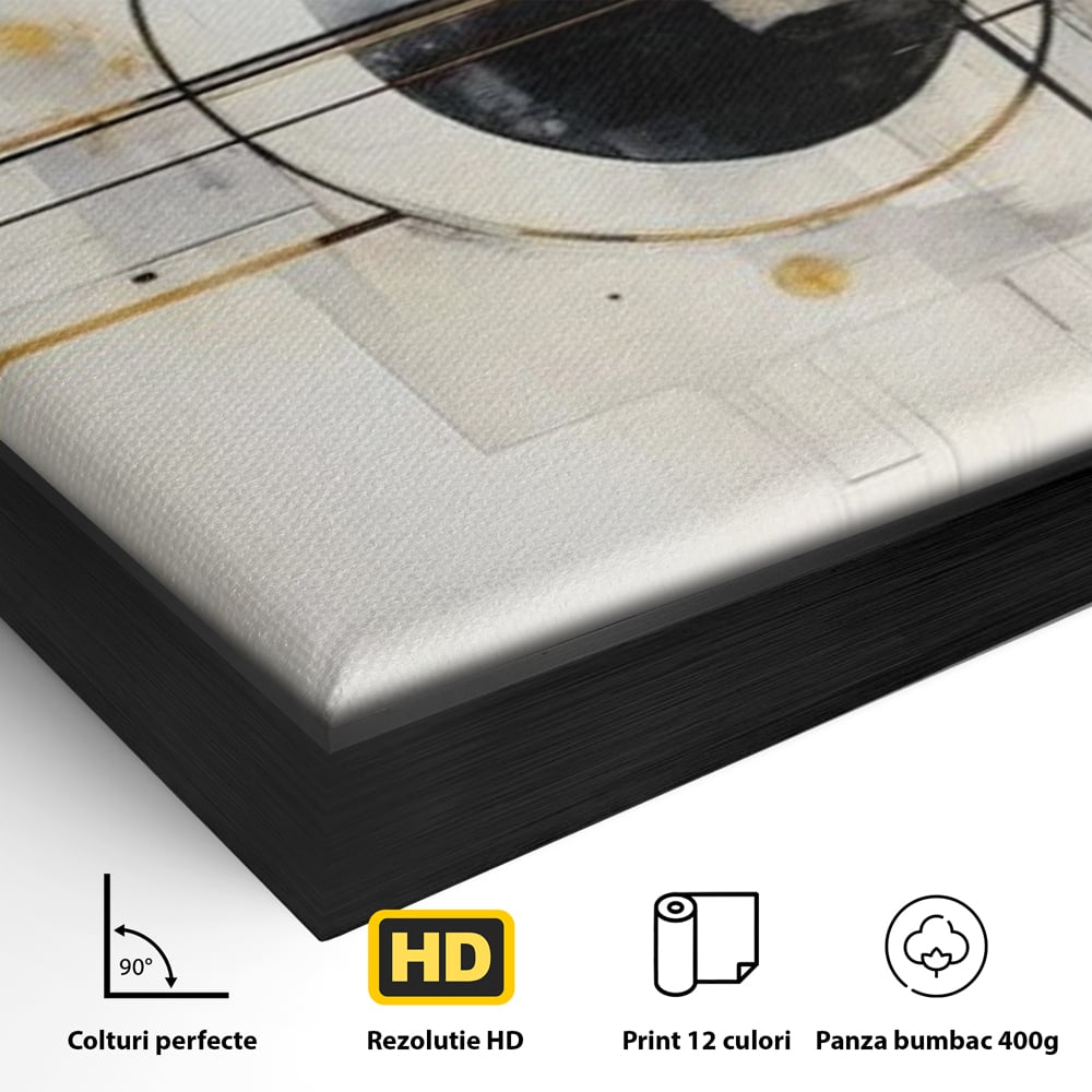 Detaliu al suprafetei: pictura abstracta cu forme geometrice, in rama de aluminiu negru