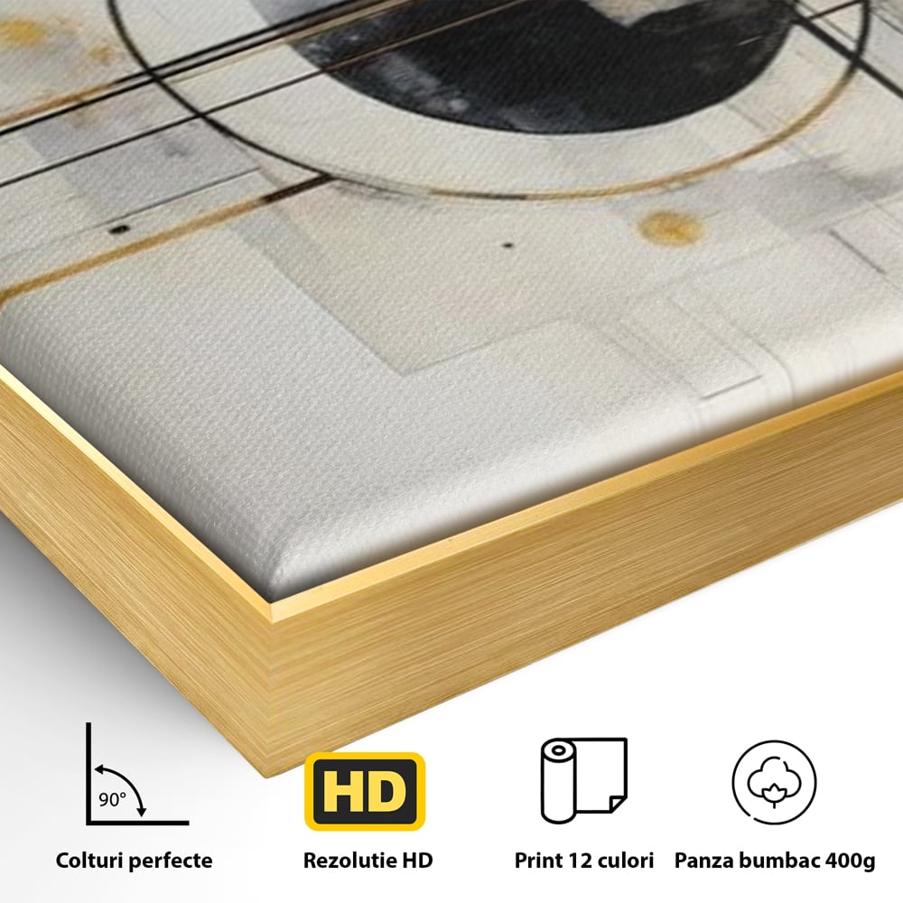 Detaliu al suprafetei: pictura abstracta cu forme geometrice, in rama de aluminiu auriu