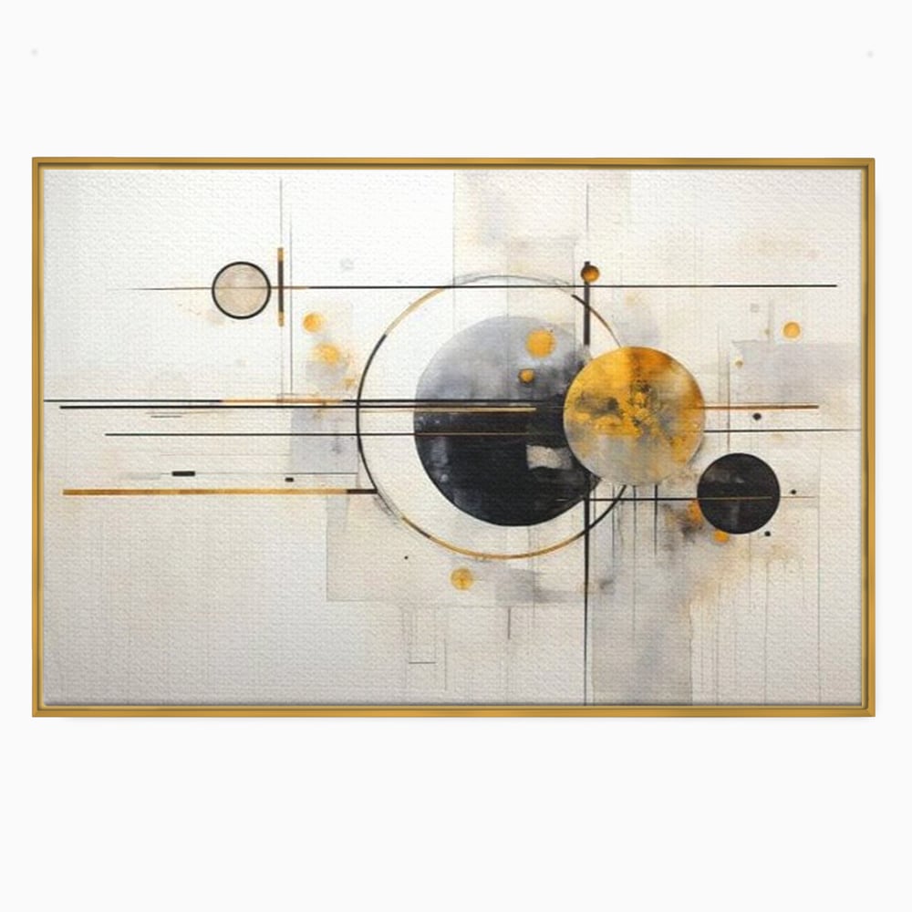 Tablou canvas cu pictura abstracta cu forme geometrice, in rama de aluminiu auriu