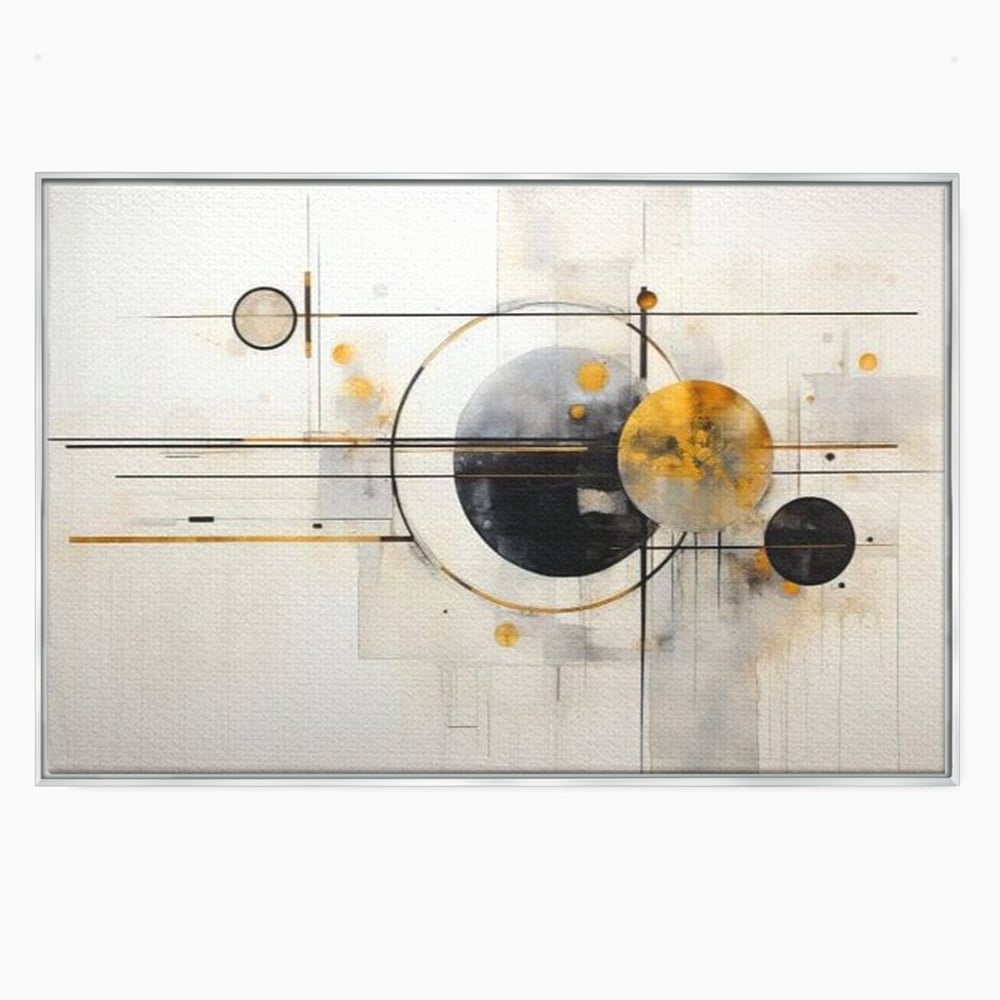 Tablou canvas cu pictura abstracta cu forme geometrice, in rama de aluminiu argintiu