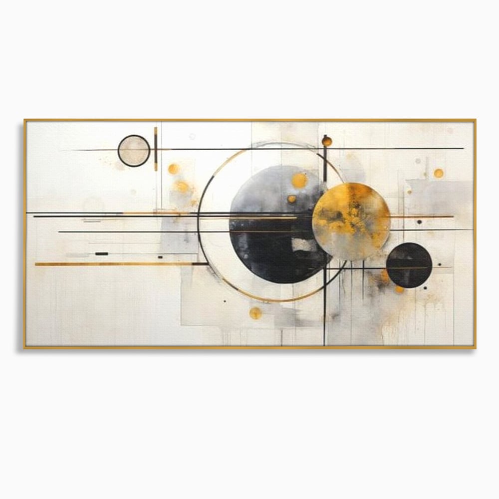 Tablou canvas cu pictura abstracta cu forme geometrice, in rama de aluminiu auriu