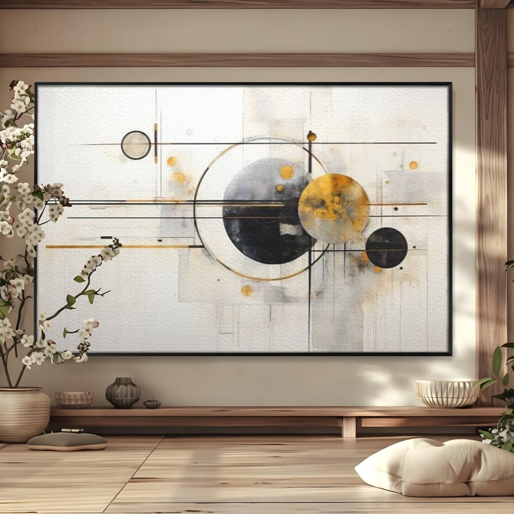 Tablou canvas cu pictura abstracta cu forme geometrice, in rama de aluminiu negru