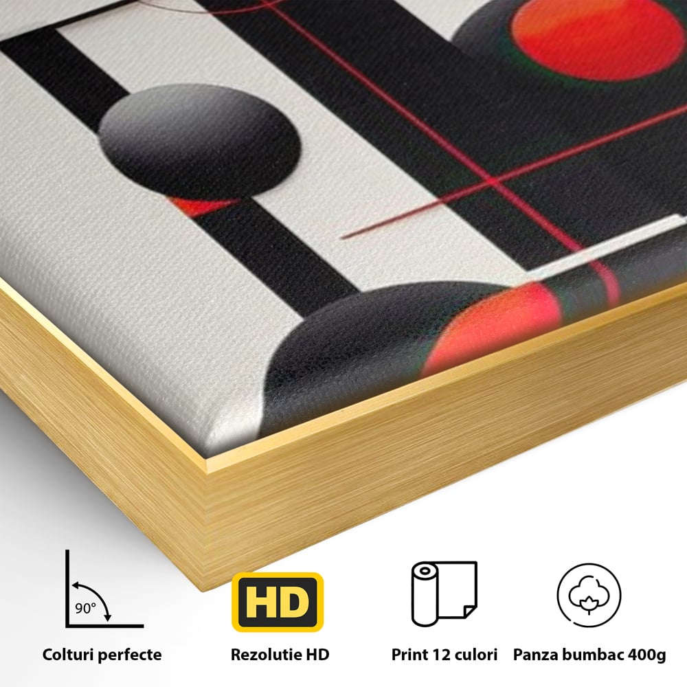 Detaliu al suprafetei: tablou canvas cu forme geometrice abstracte, in rama de aluminiu auriu