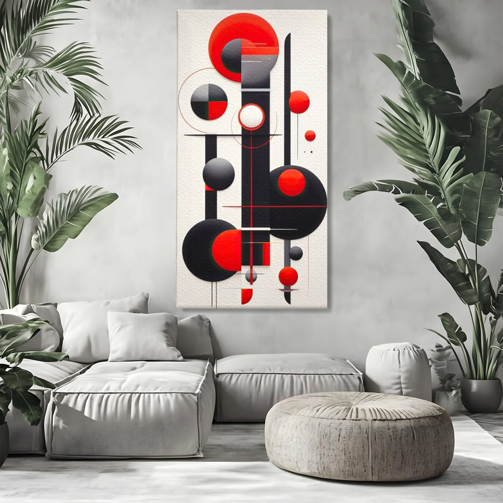 Tablou canvas cu tablou canvas cu forme geometrice abstracte, fara rama, pe sasiu de lemn, pe perete intr-un living