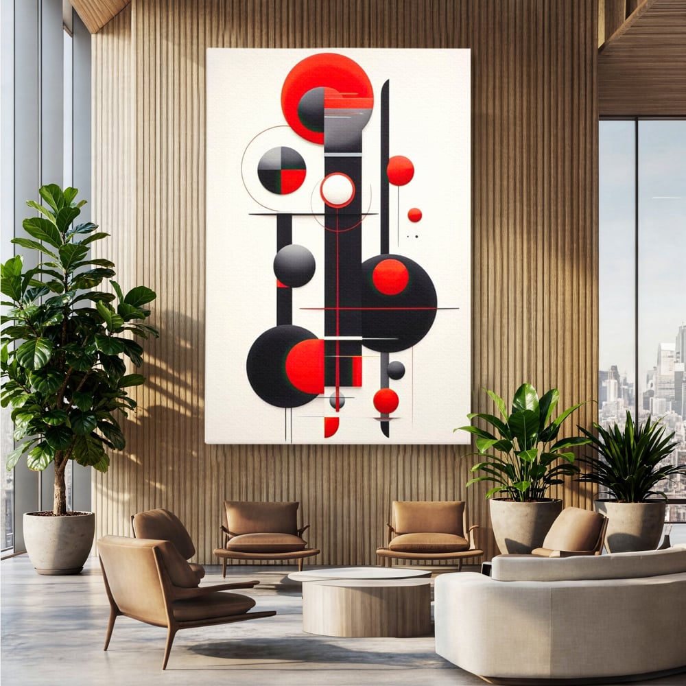 Tablou canvas cu tablou canvas cu forme geometrice abstracte, fara rama, pe sasiu de lemn, pe perete intr-un birou