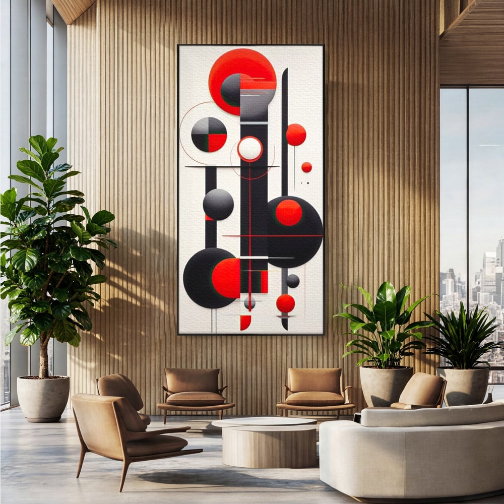 Tablou canvas cu tablou canvas cu forme geometrice abstracte, in rama de aluminiu negru, pe perete intr-un birou