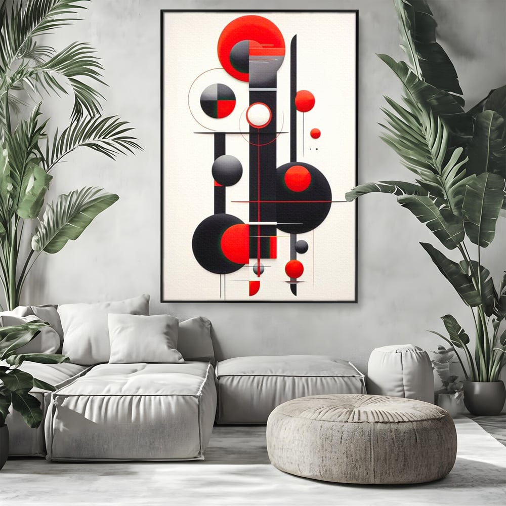 Tablou canvas cu tablou canvas cu forme geometrice abstracte, in rama de aluminiu negru, pe perete intr-un living
