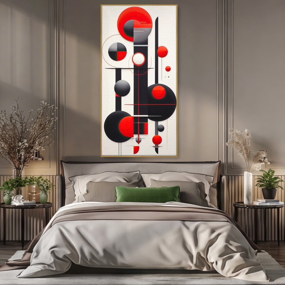 Tablou canvas cu tablou canvas cu forme geometrice abstracte, in rama de aluminiu auriu, pe perete intr-un dormitor