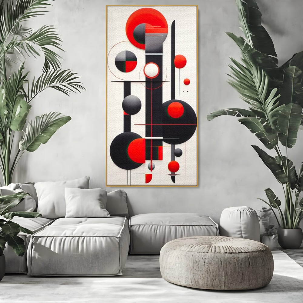 Tablou canvas cu tablou canvas cu forme geometrice abstracte, in rama de aluminiu auriu, pe perete intr-un living