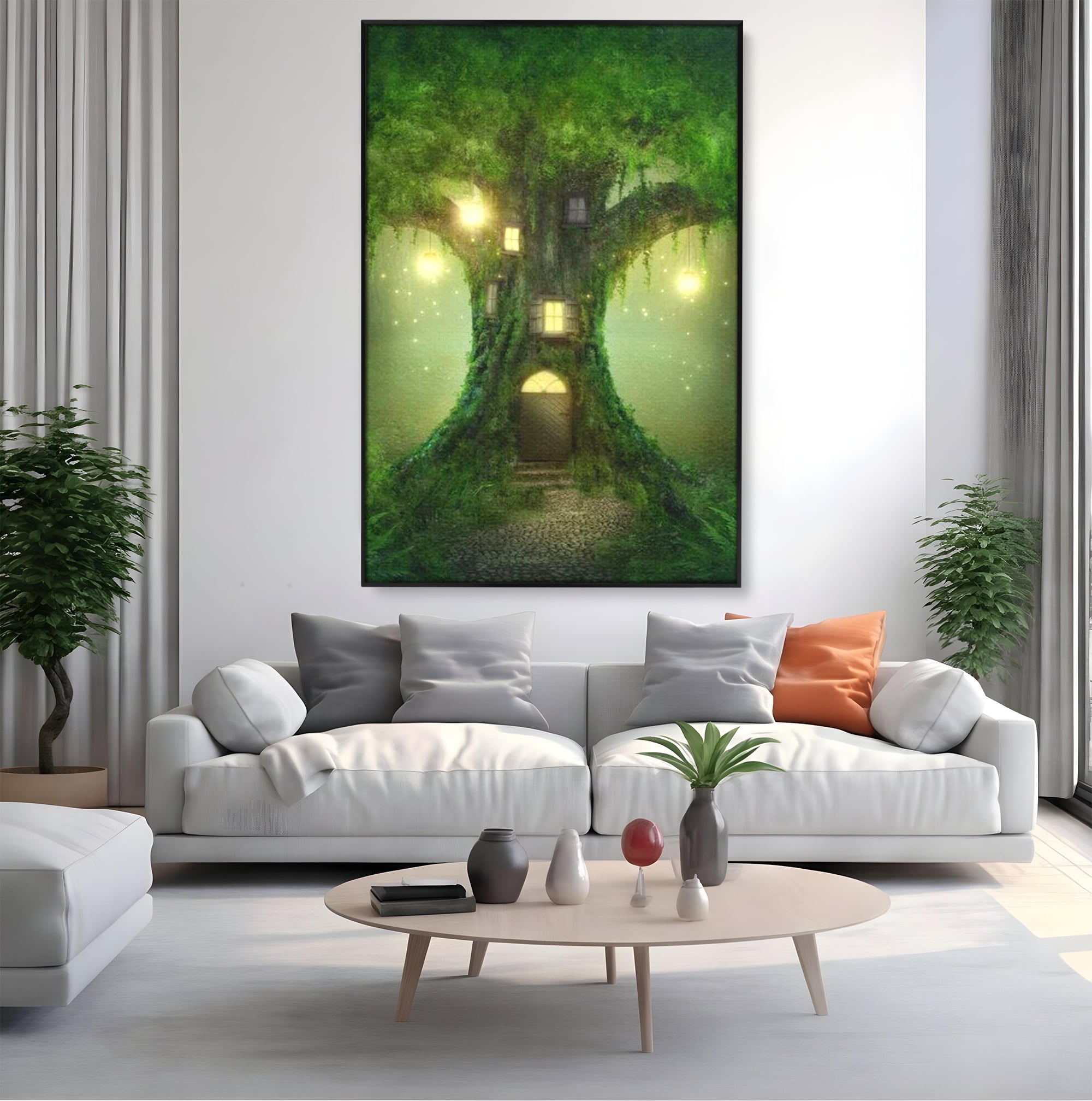 Tablou canvas cu ilustratie digitala cu un copac fermecat, in rama de aluminiu negru, pe perete intr-un living