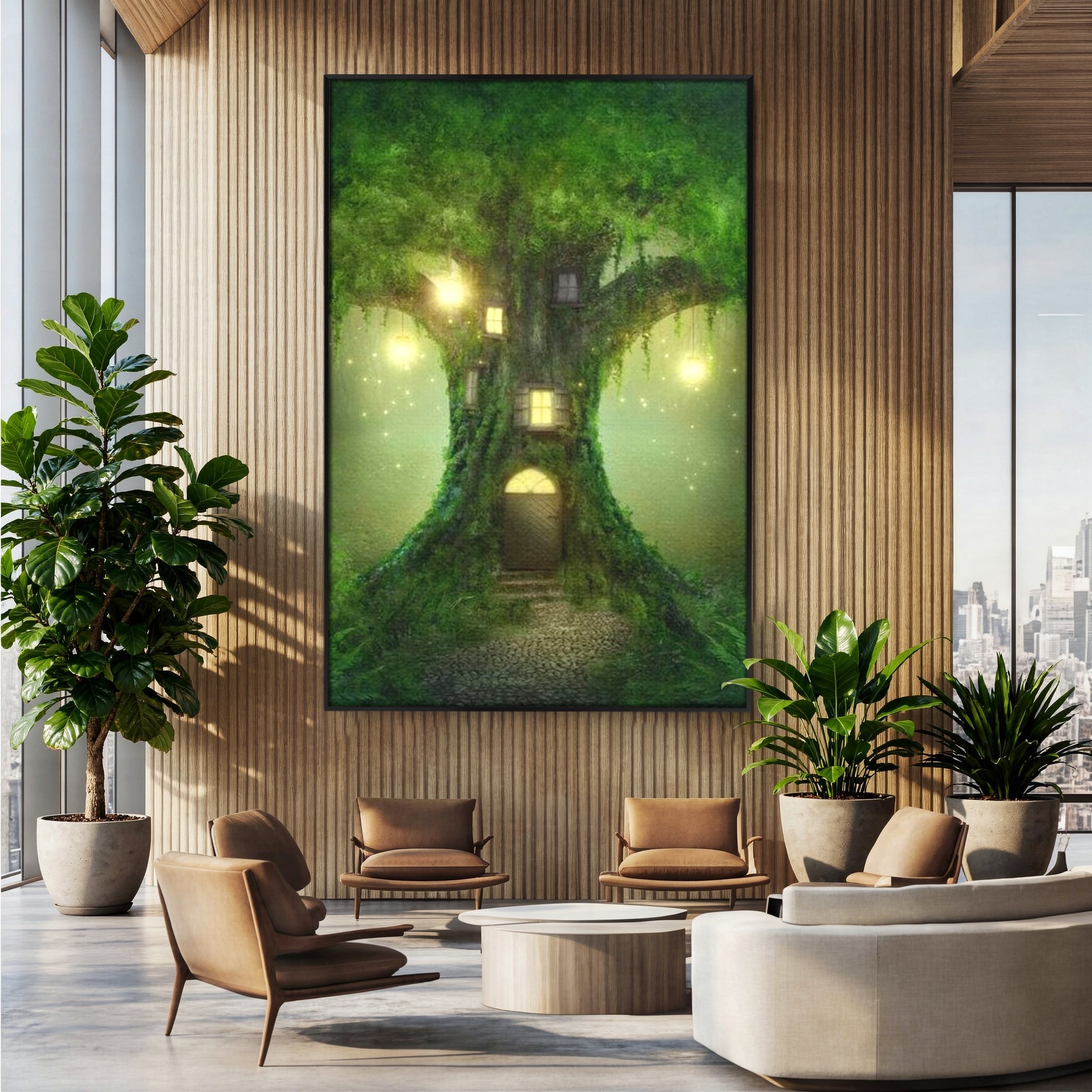 Tablou canvas cu ilustratie digitala cu un copac fermecat, in rama de aluminiu negru, pe perete intr-un birou