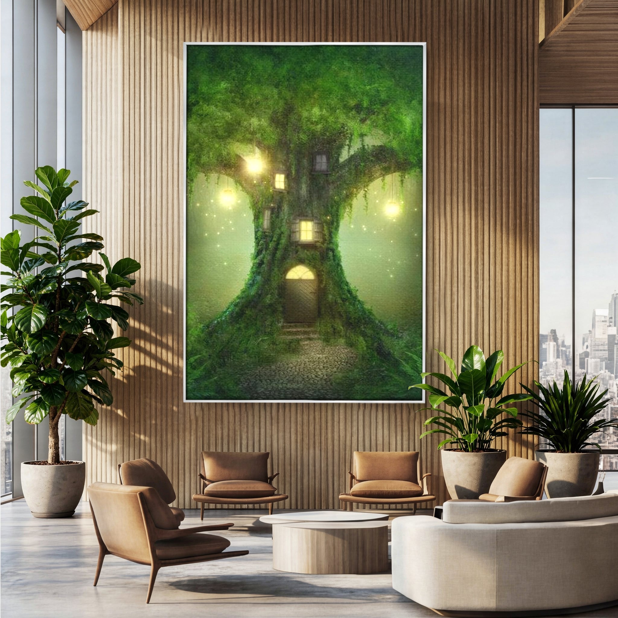 Tablou canvas cu ilustratie digitala cu un copac fermecat, in rama de aluminiu argintiu, pe perete intr-un birou