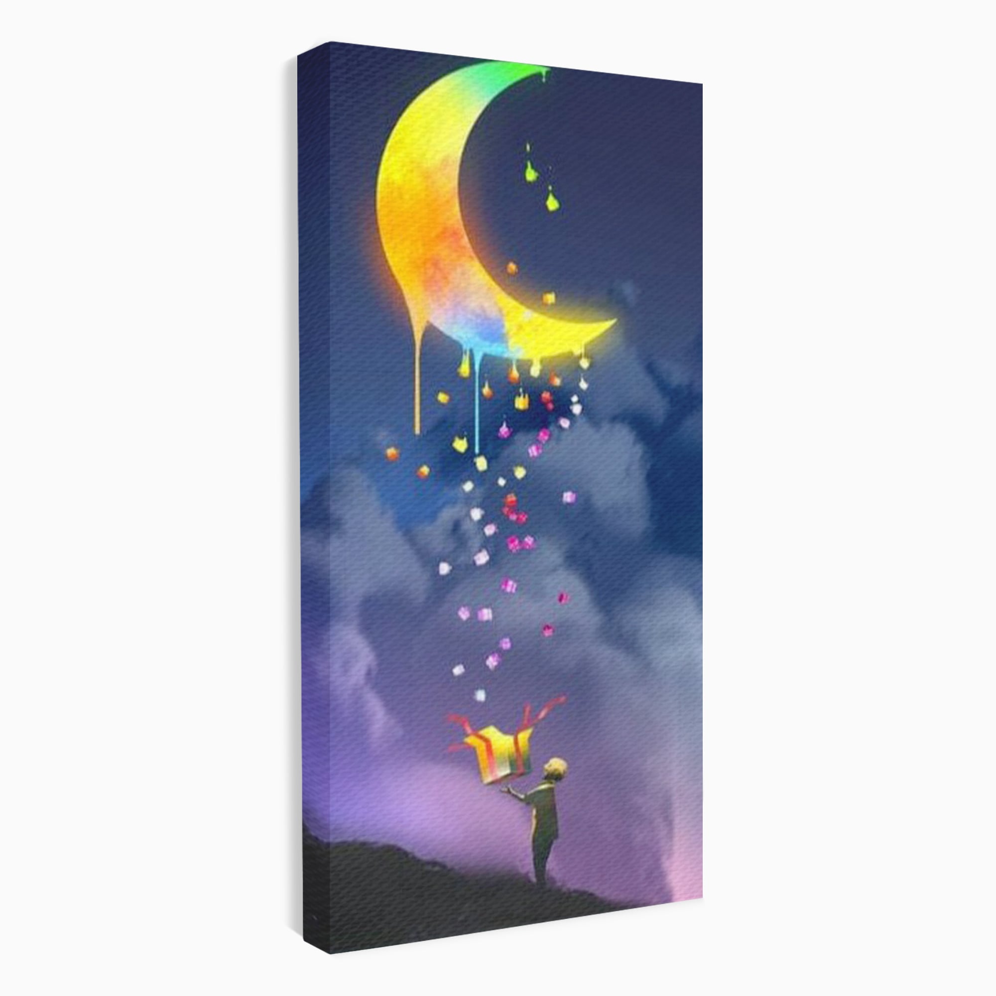 Tablou canvas cu ilustratie cu copil si luna curcubeu, fara rama, pe sasiu de lemn