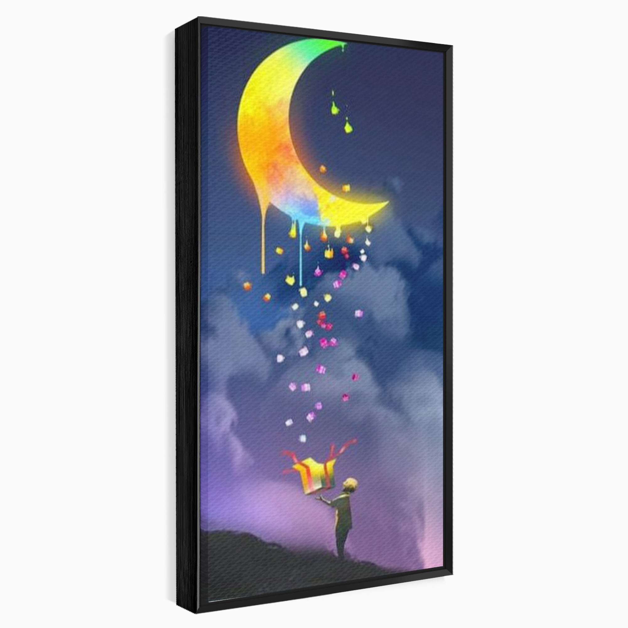 Tablou canvas cu ilustratie cu copil si luna curcubeu, in rama de aluminiu negru