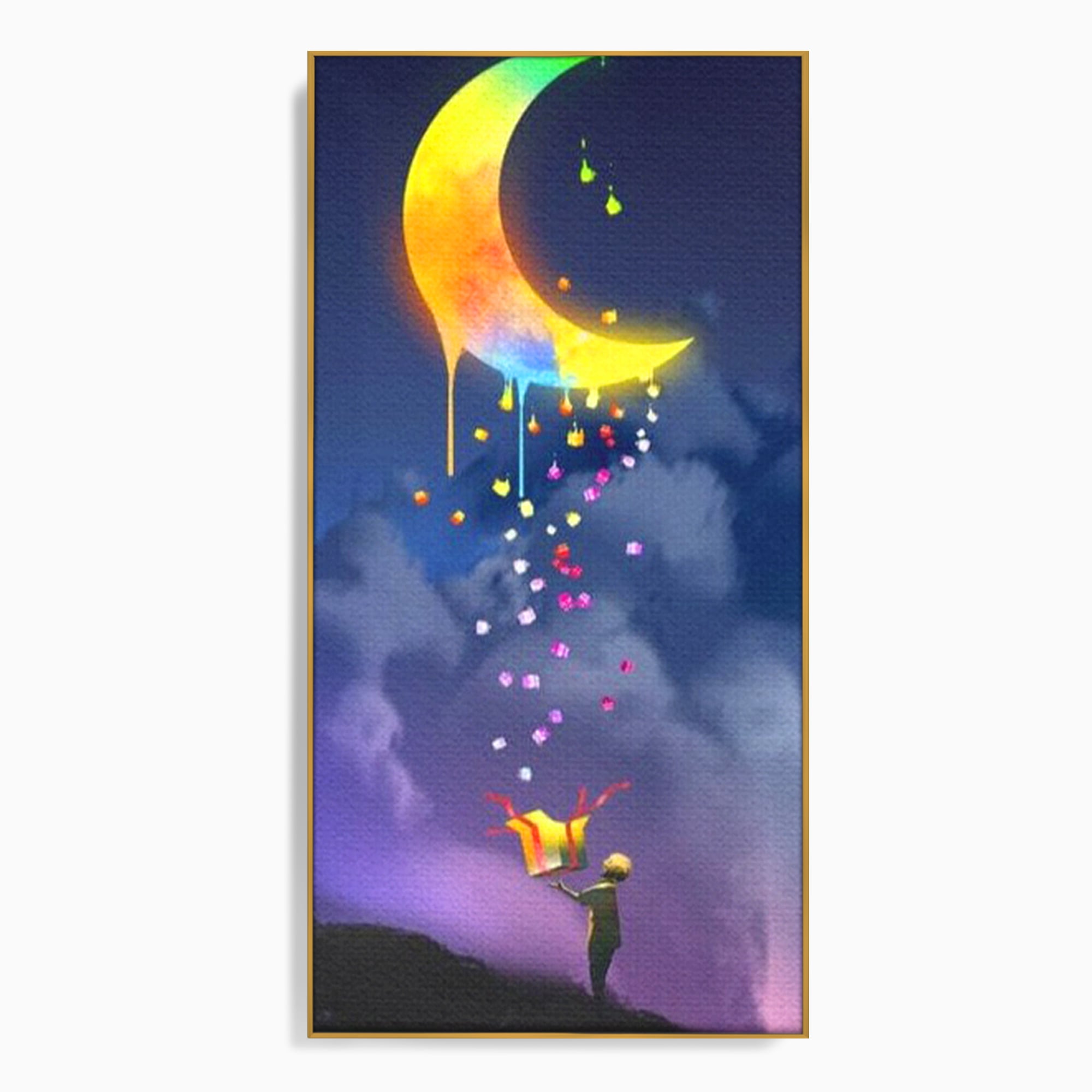 Tablou canvas cu ilustratie cu copil si luna curcubeu, in rama de aluminiu auriu