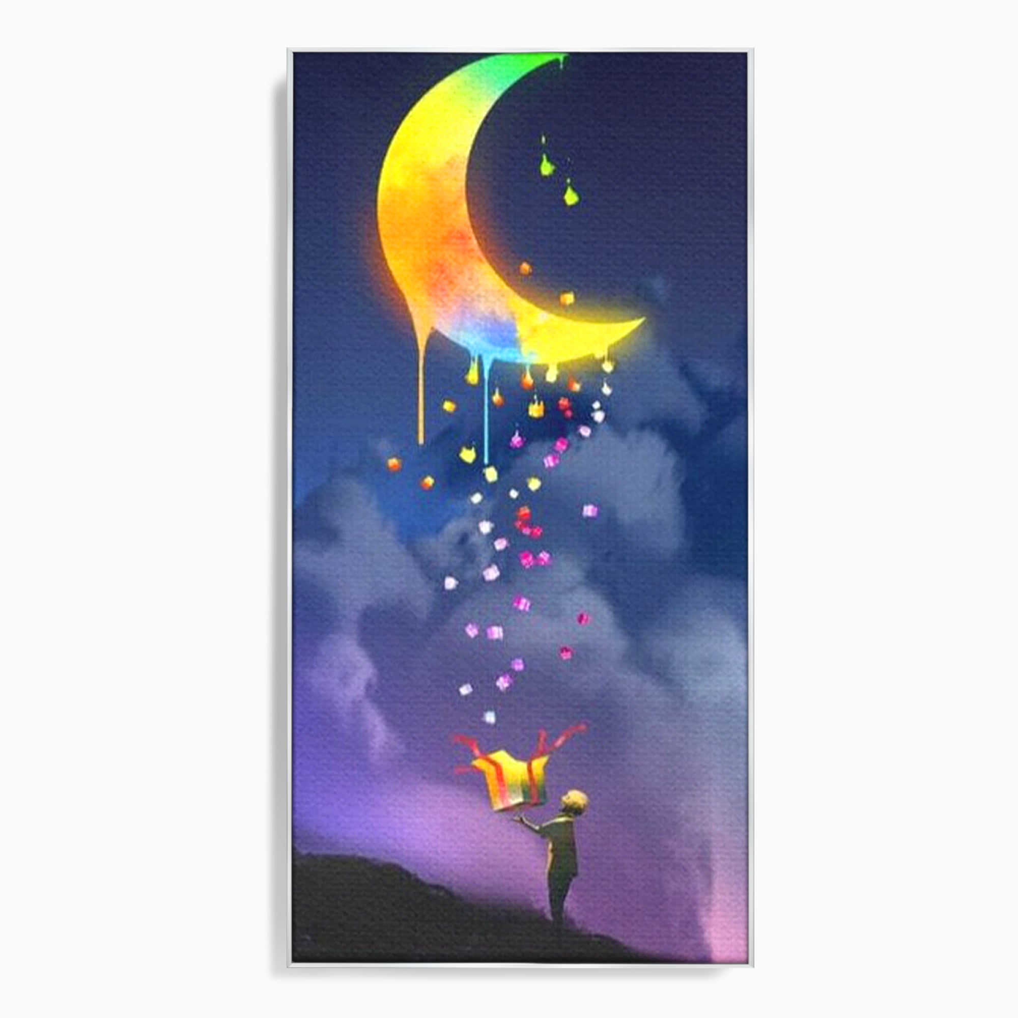Tablou canvas cu ilustratie cu copil si luna curcubeu, in rama de aluminiu argintiu