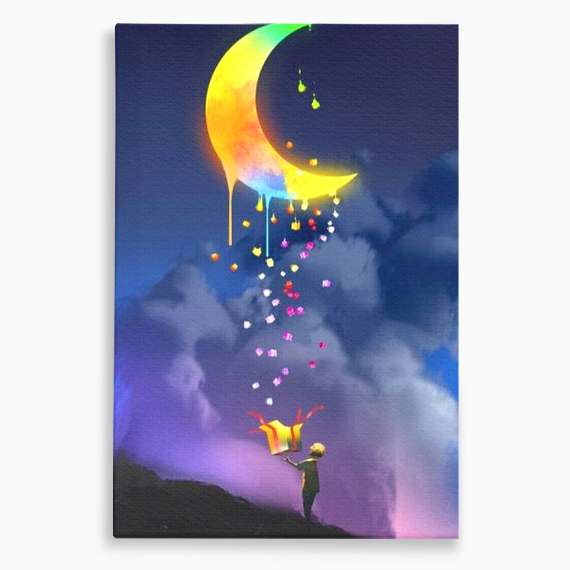 Tablou canvas cu ilustratie cu copil si luna curcubeu, fara rama, pe sasiu de lemn