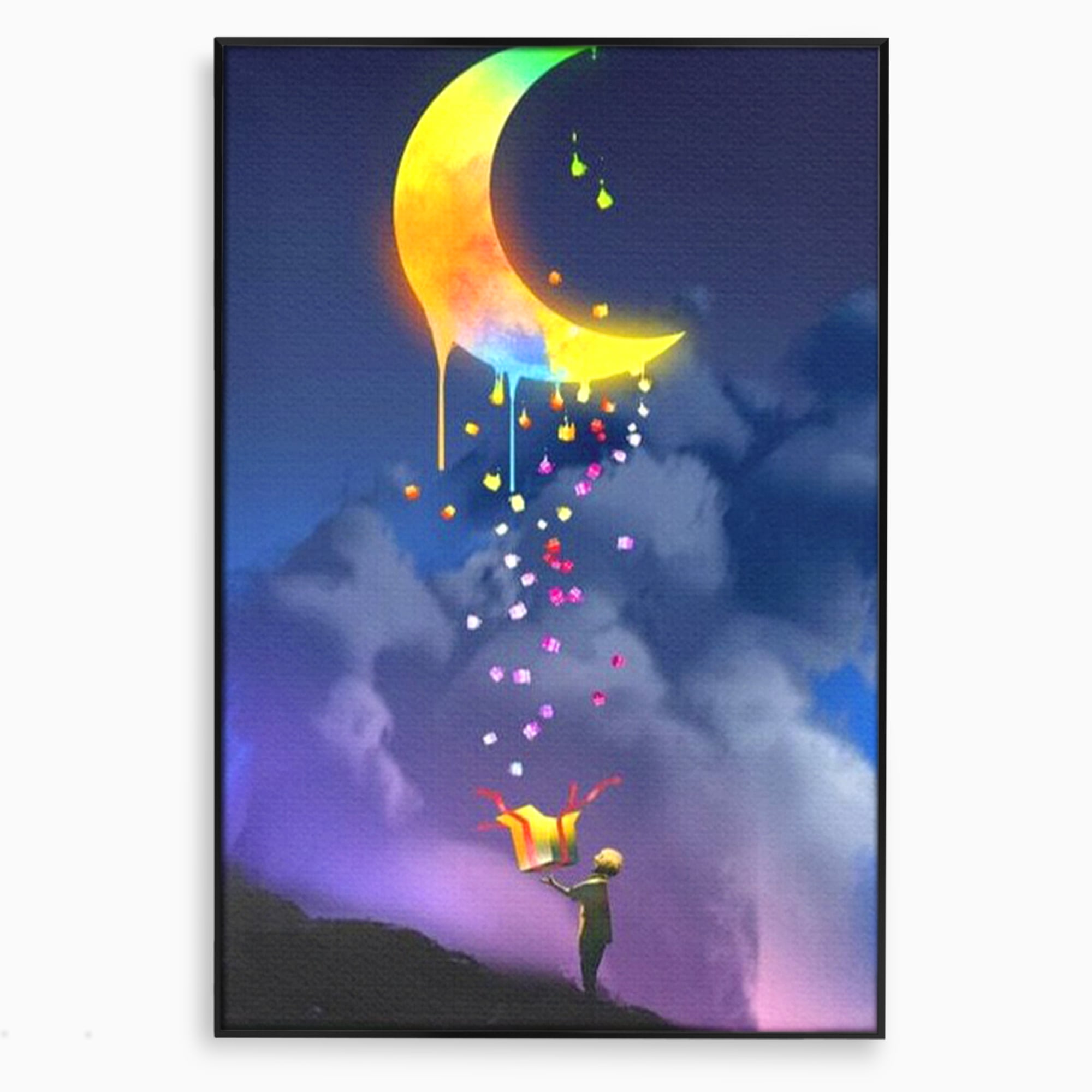 Tablou canvas cu ilustratie cu copil si luna curcubeu, in rama de aluminiu negru