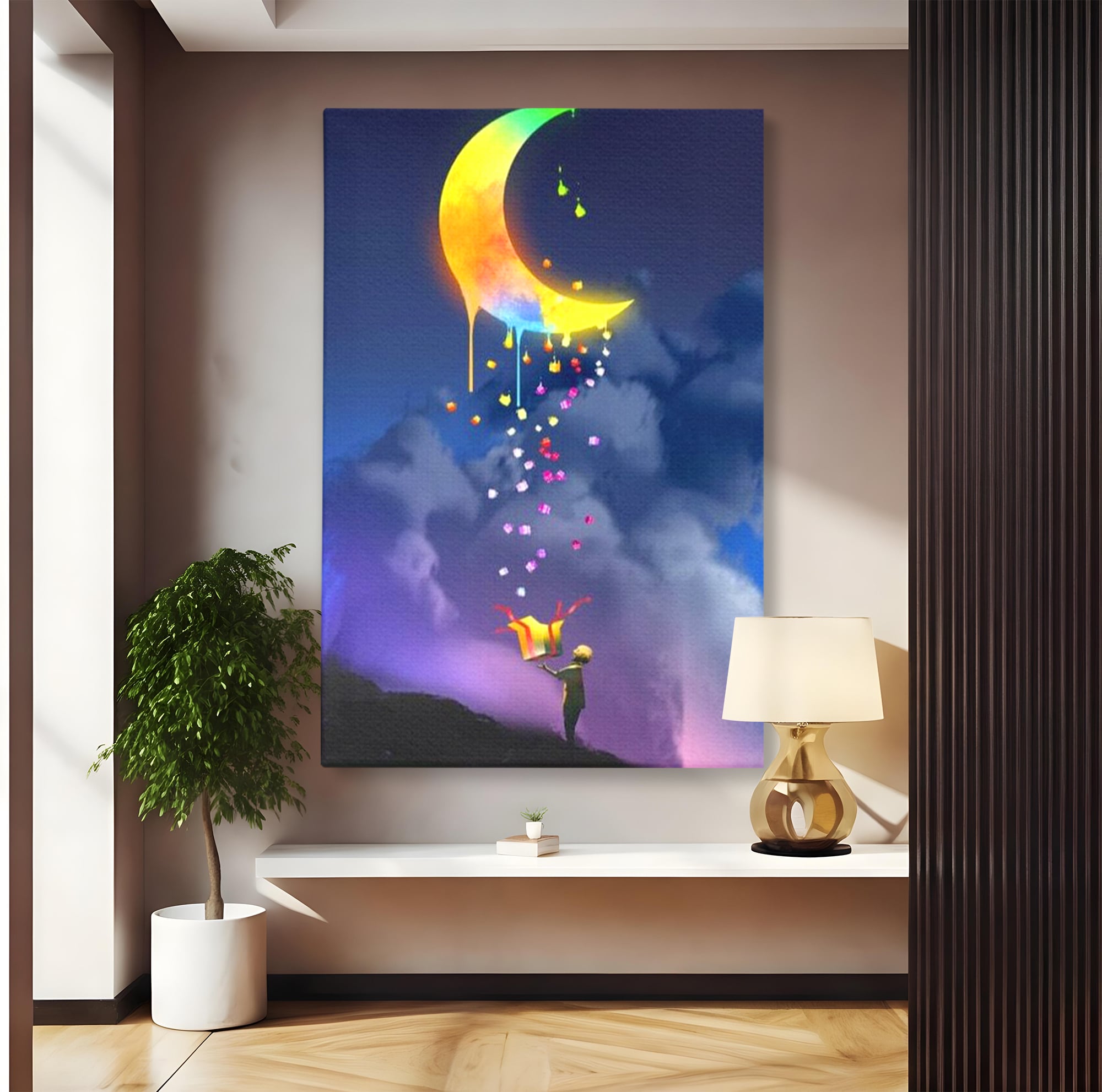 Tablou canvas cu ilustratie cu copil si luna curcubeu, fara rama, pe sasiu de lemn