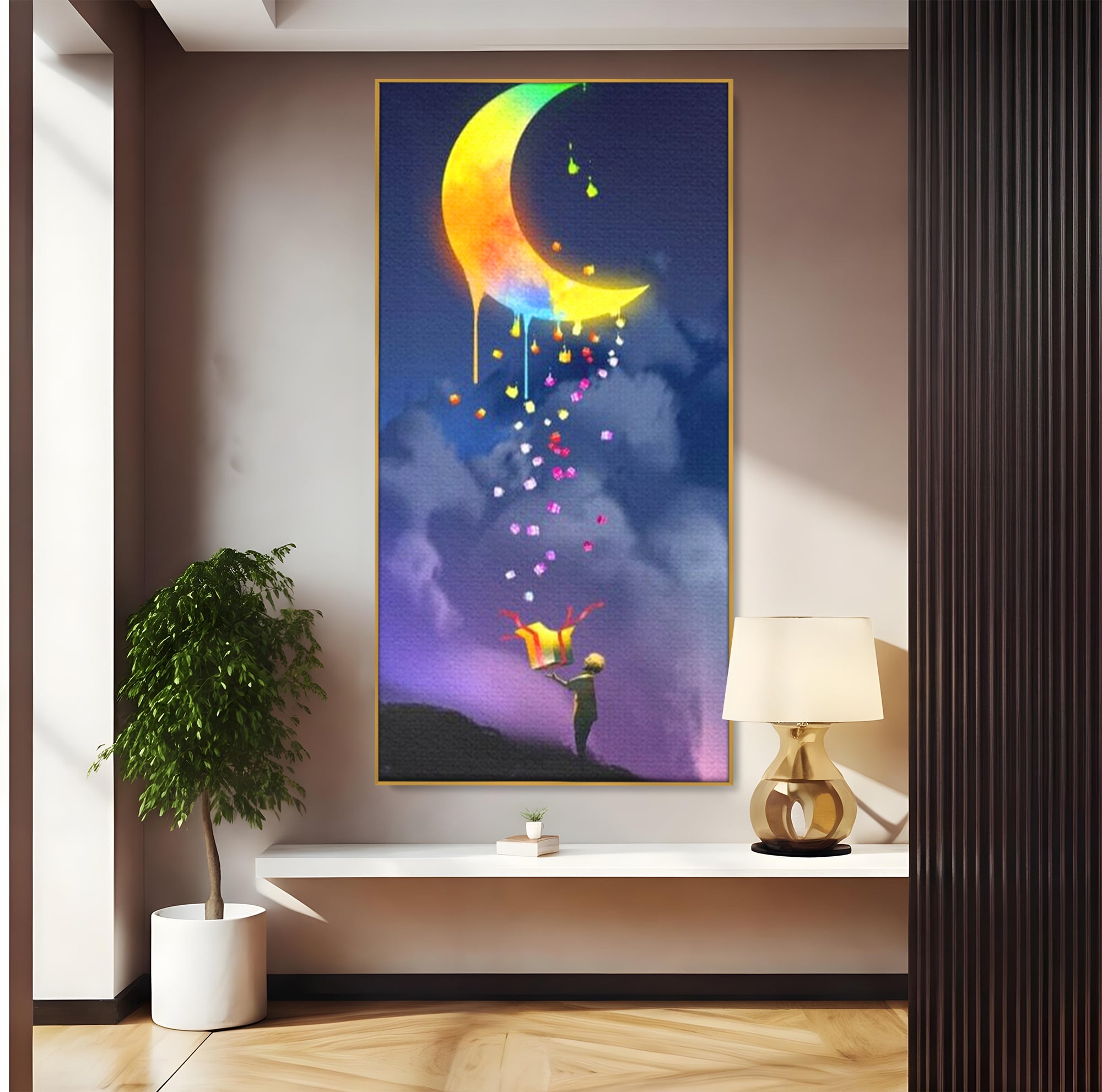 Tablou canvas cu ilustratie cu copil si luna curcubeu, in rama de aluminiu auriu