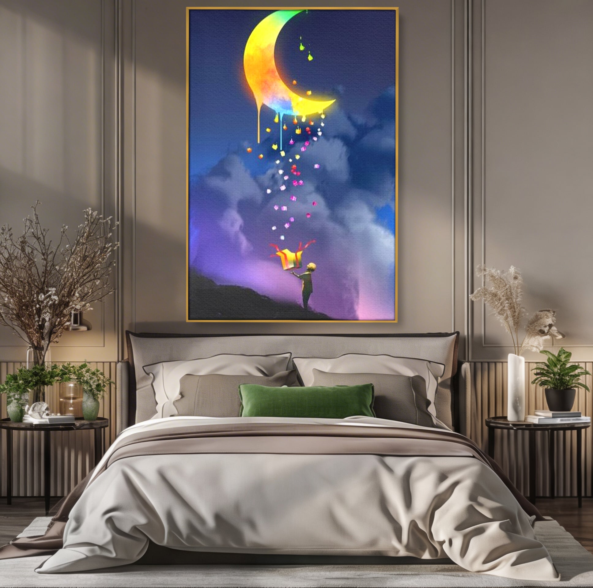 Tablou canvas cu ilustratie cu copil si luna curcubeu, in rama de aluminiu auriu, pe perete intr-un dormitor