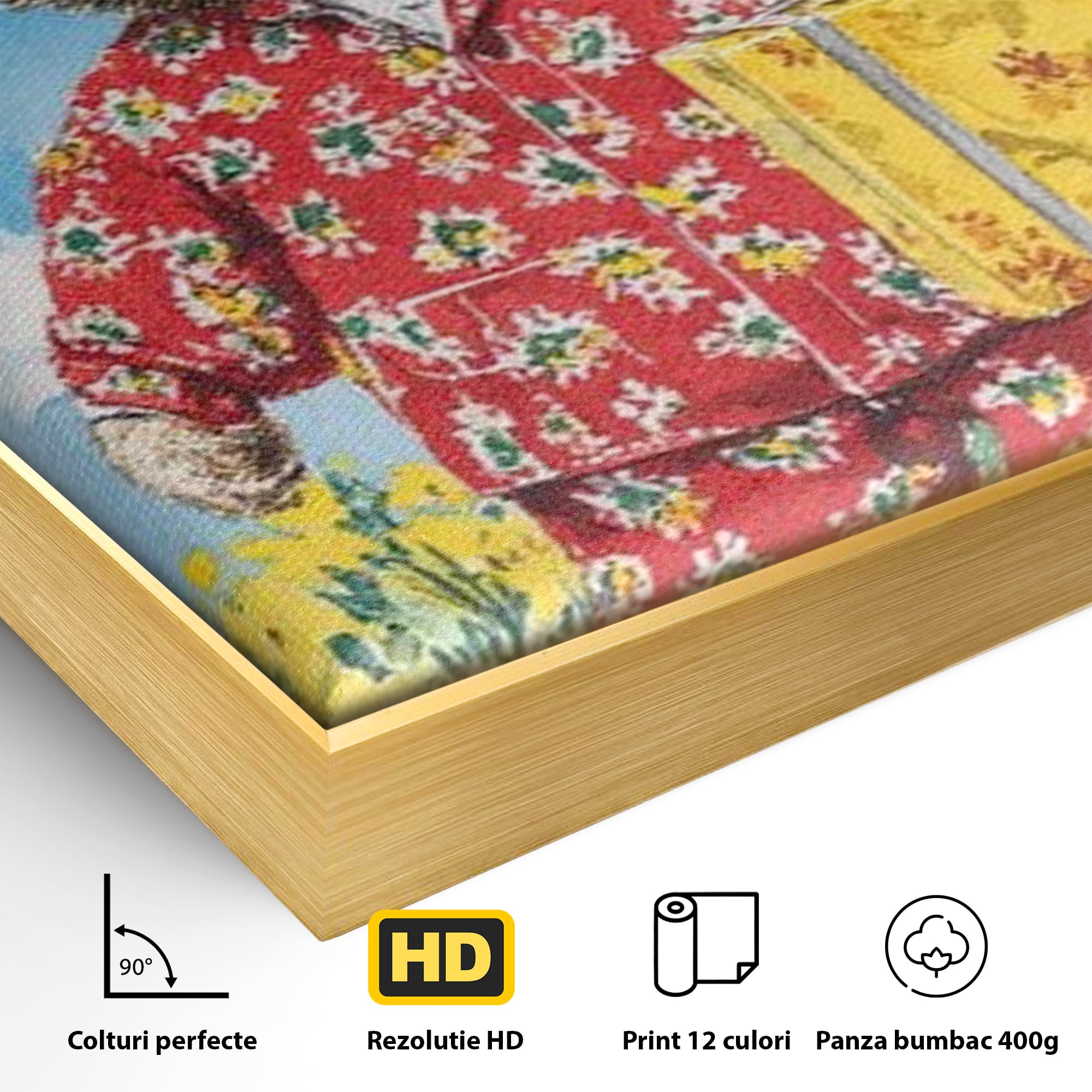 Detaliu al suprafetei: tablou canvas cu ursulet in pijamale, in rama de aluminiu auriu