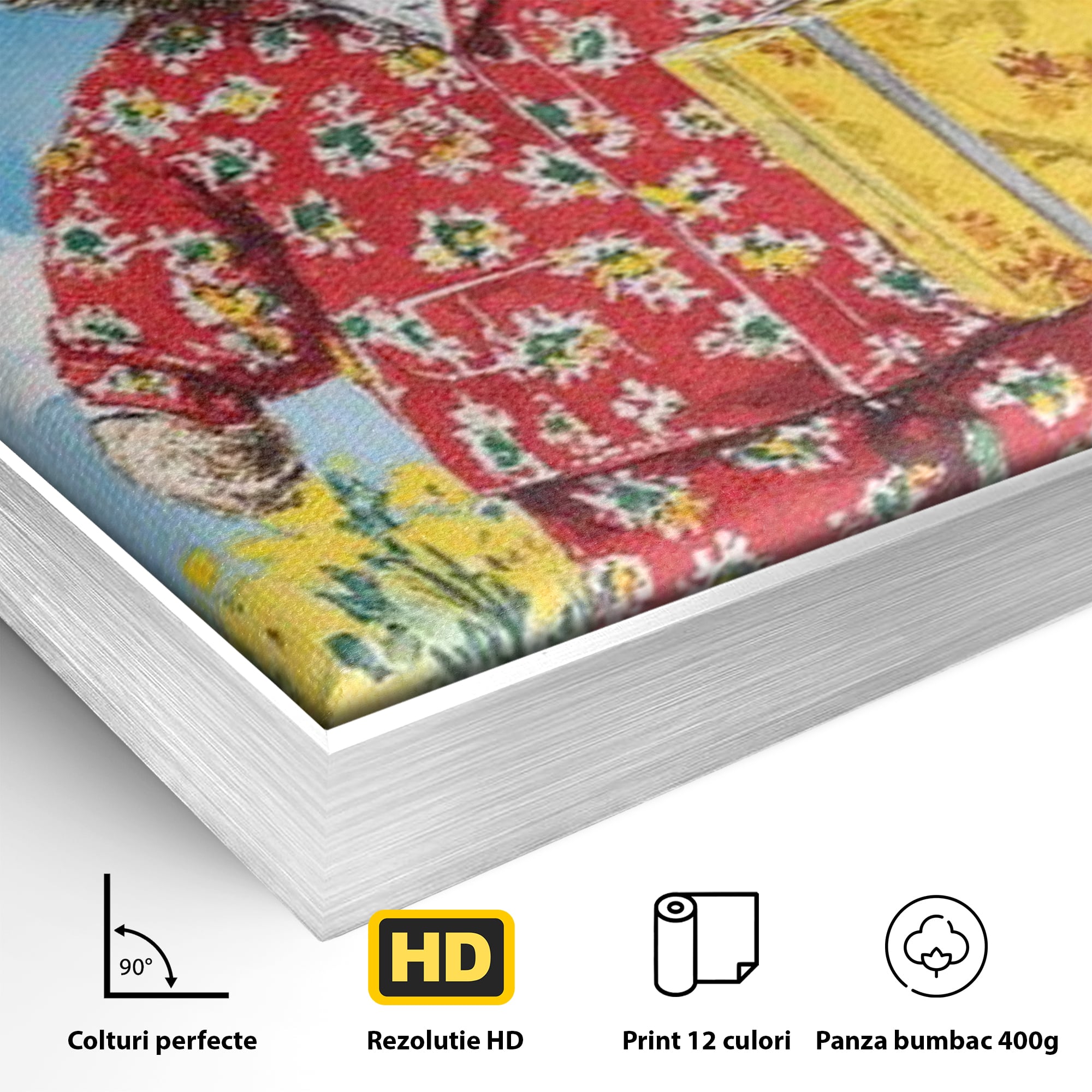 Detaliu al suprafetei: tablou canvas cu ursulet in pijamale, in rama de aluminiu argintiu