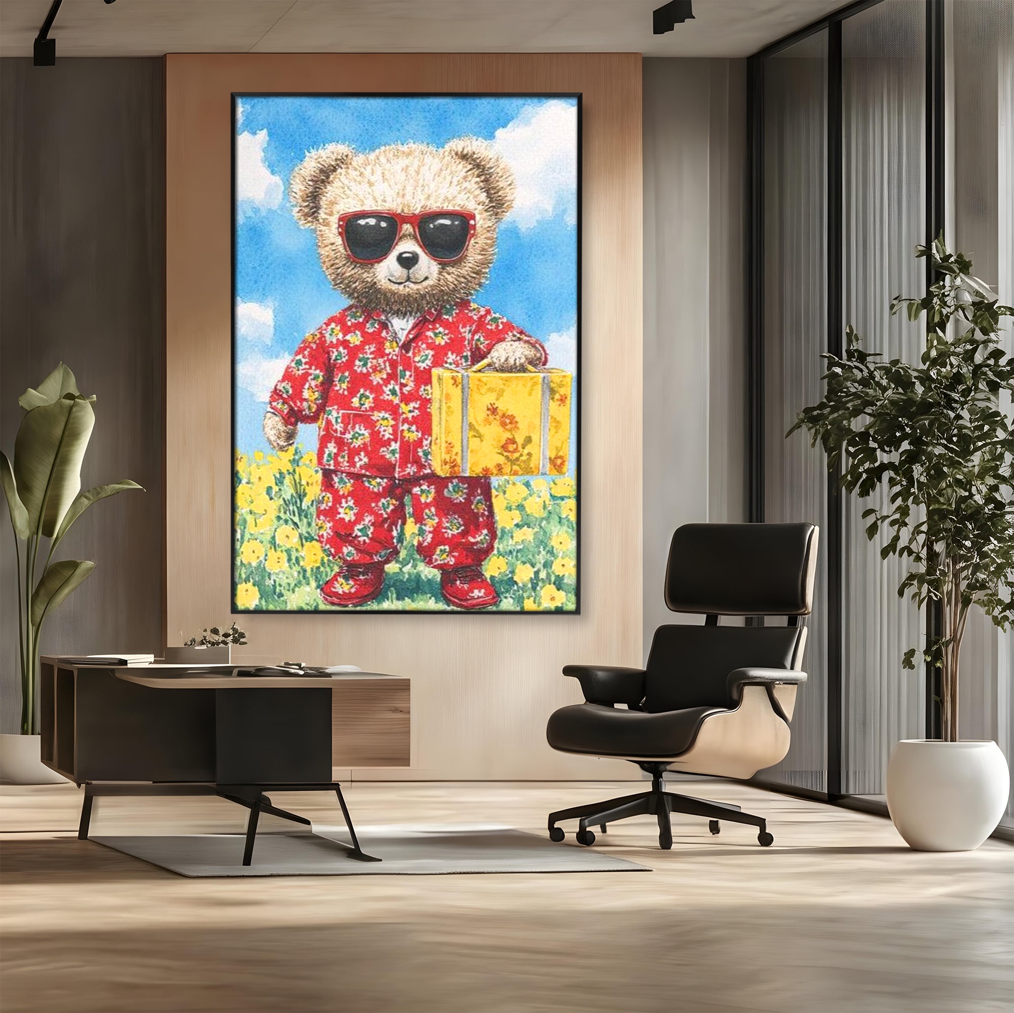 Tablou canvas cu tablou canvas cu ursulet in pijamale, in rama de aluminiu negru, pe perete intr-un birou