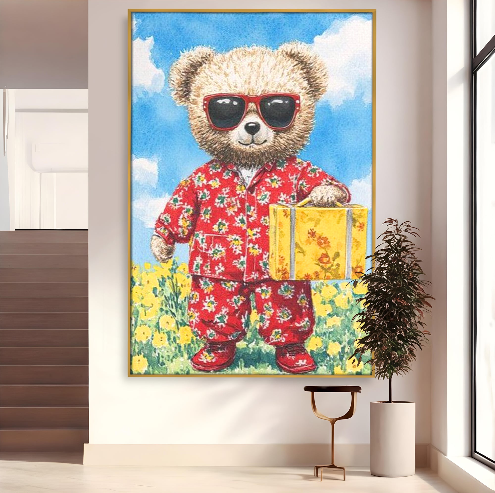 Tablou canvas cu tablou canvas cu ursulet in pijamale, in rama de aluminiu auriu