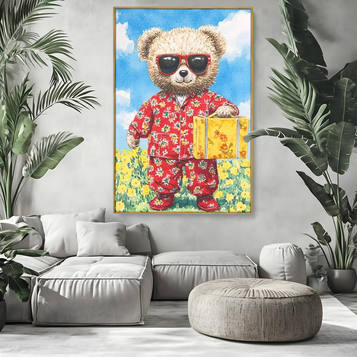 Tablou canvas cu tablou canvas cu ursulet in pijamale, in rama de aluminiu auriu, pe perete intr-un living