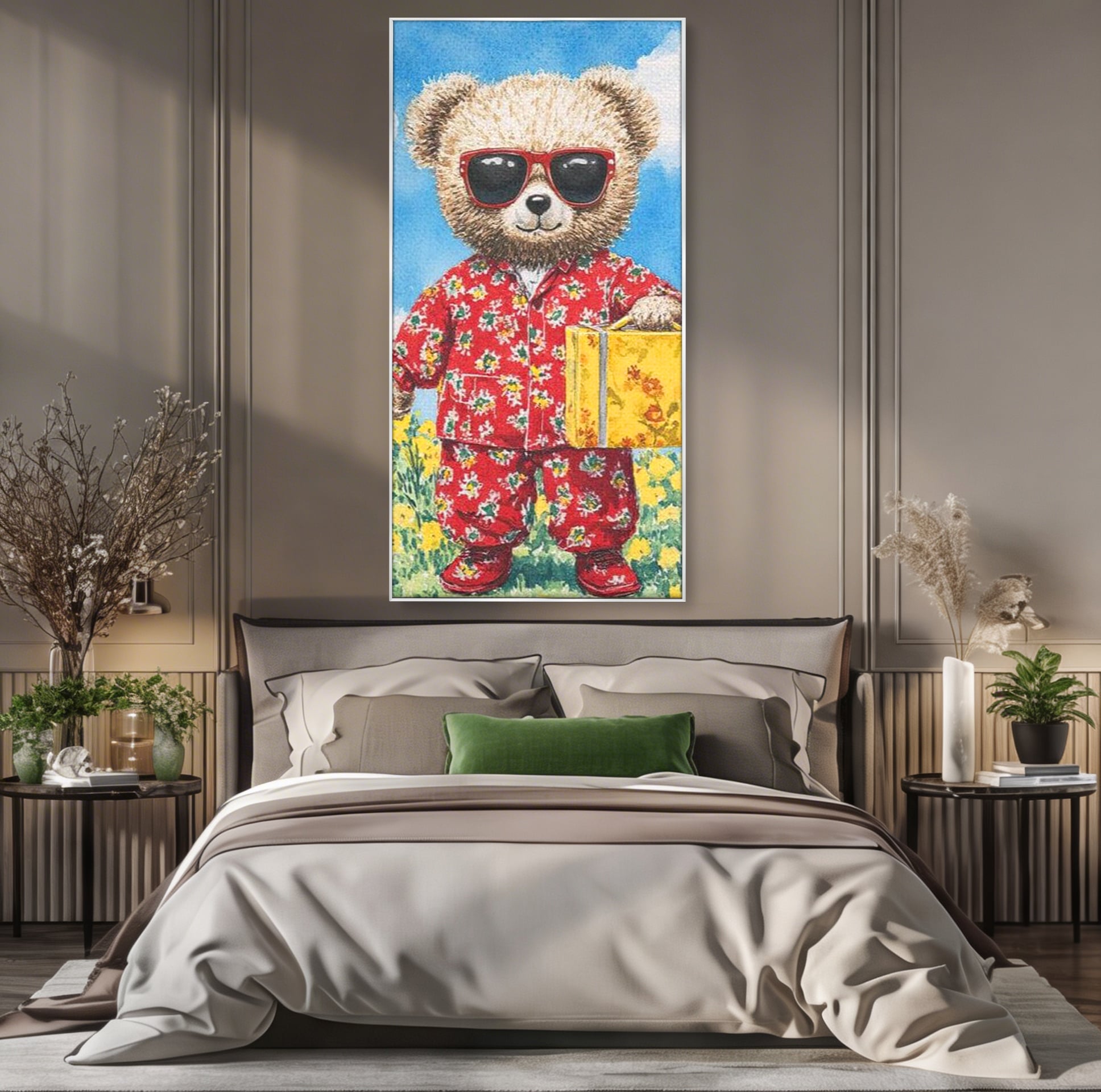 Tablou canvas cu tablou canvas cu ursulet in pijamale, in rama de aluminiu argintiu, pe perete intr-un dormitor