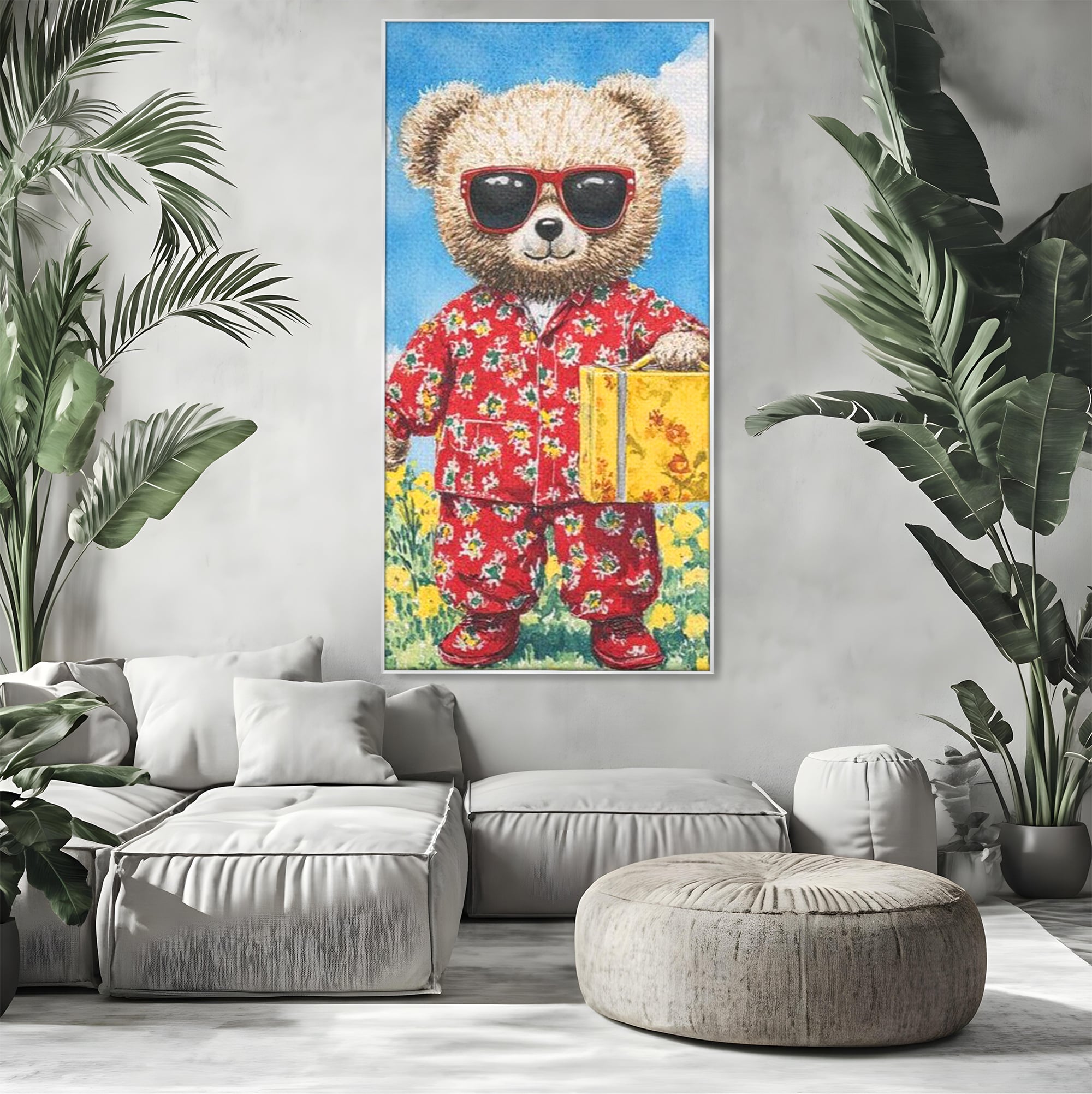 Tablou canvas cu tablou canvas cu ursulet in pijamale, in rama de aluminiu argintiu, pe perete intr-un living