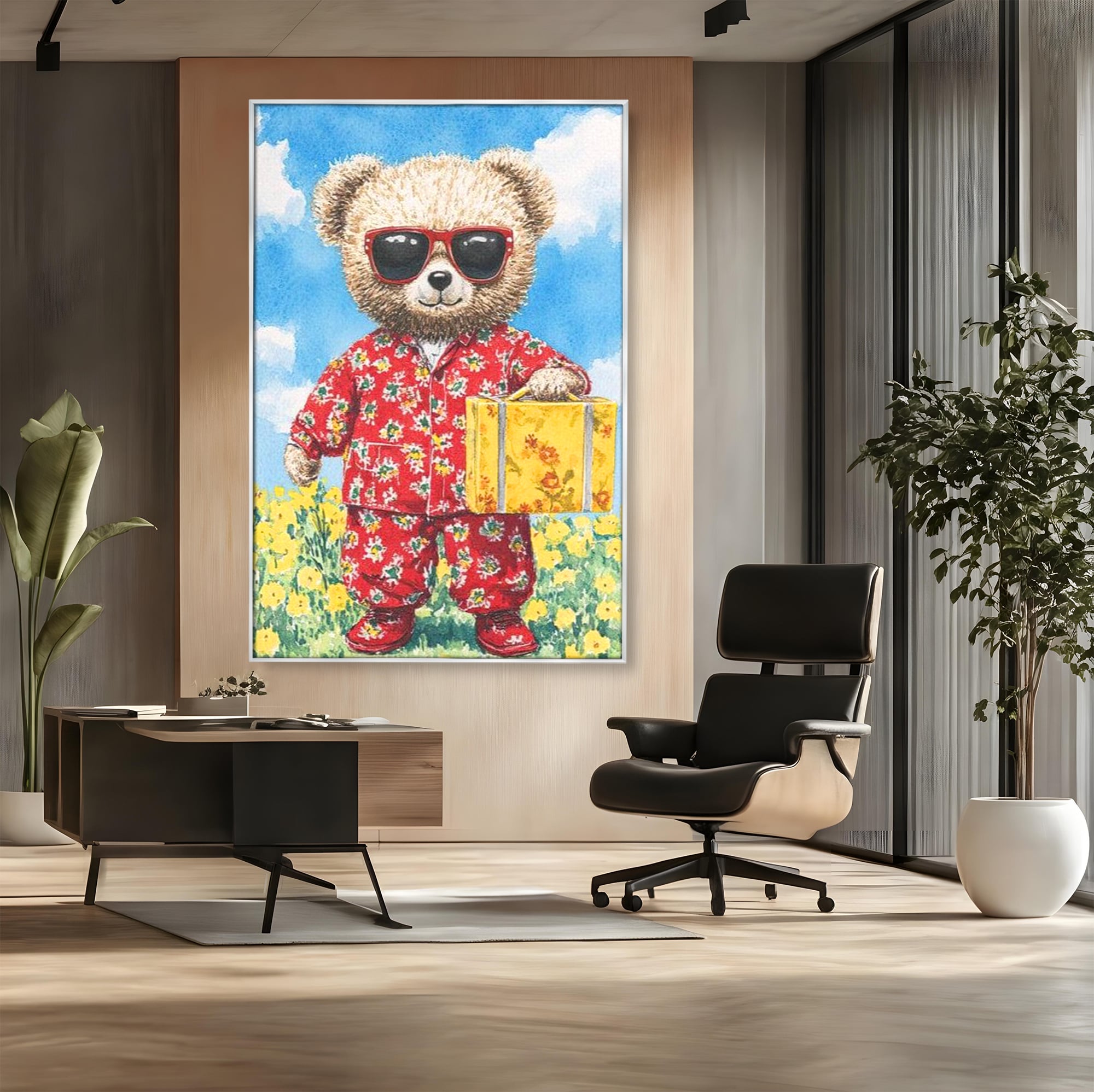 Tablou canvas cu tablou canvas cu ursulet in pijamale, in rama de aluminiu argintiu, pe perete intr-un birou