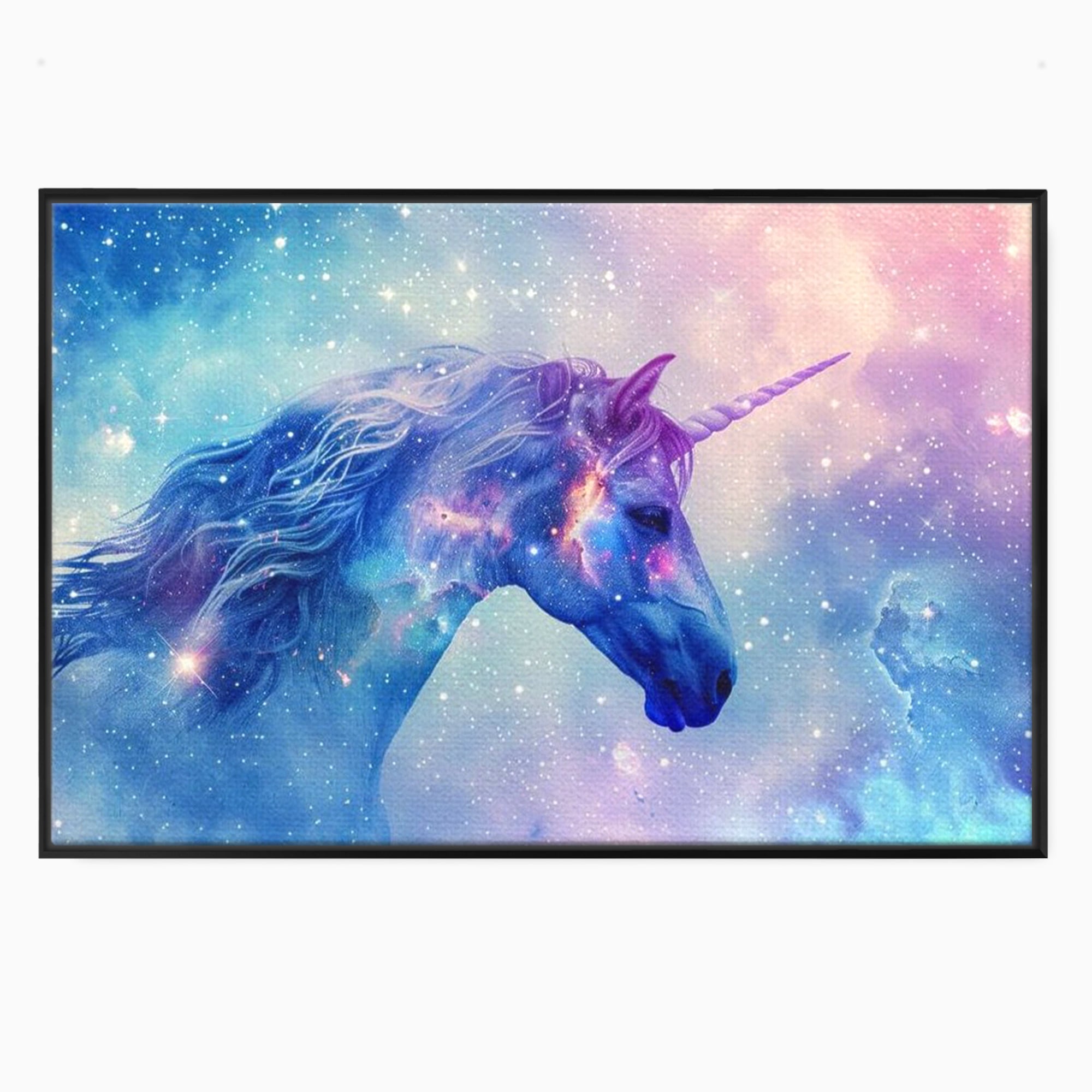 Tablou canvas cu tablou canvas cu unicorn cosmic in galaxie, in rama de aluminiu negru
