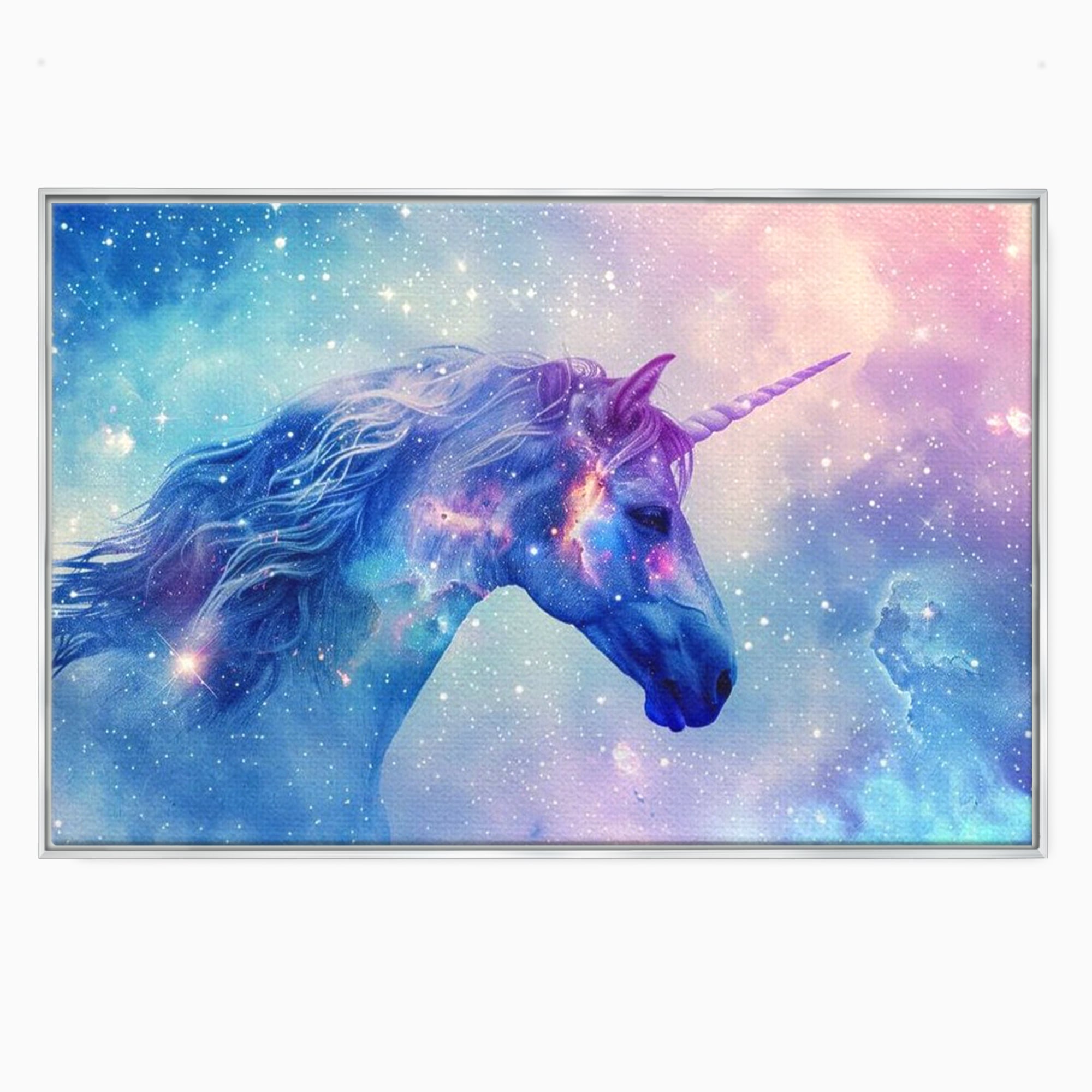 Tablou canvas cu tablou canvas cu unicorn cosmic in galaxie, in rama de aluminiu argintiu