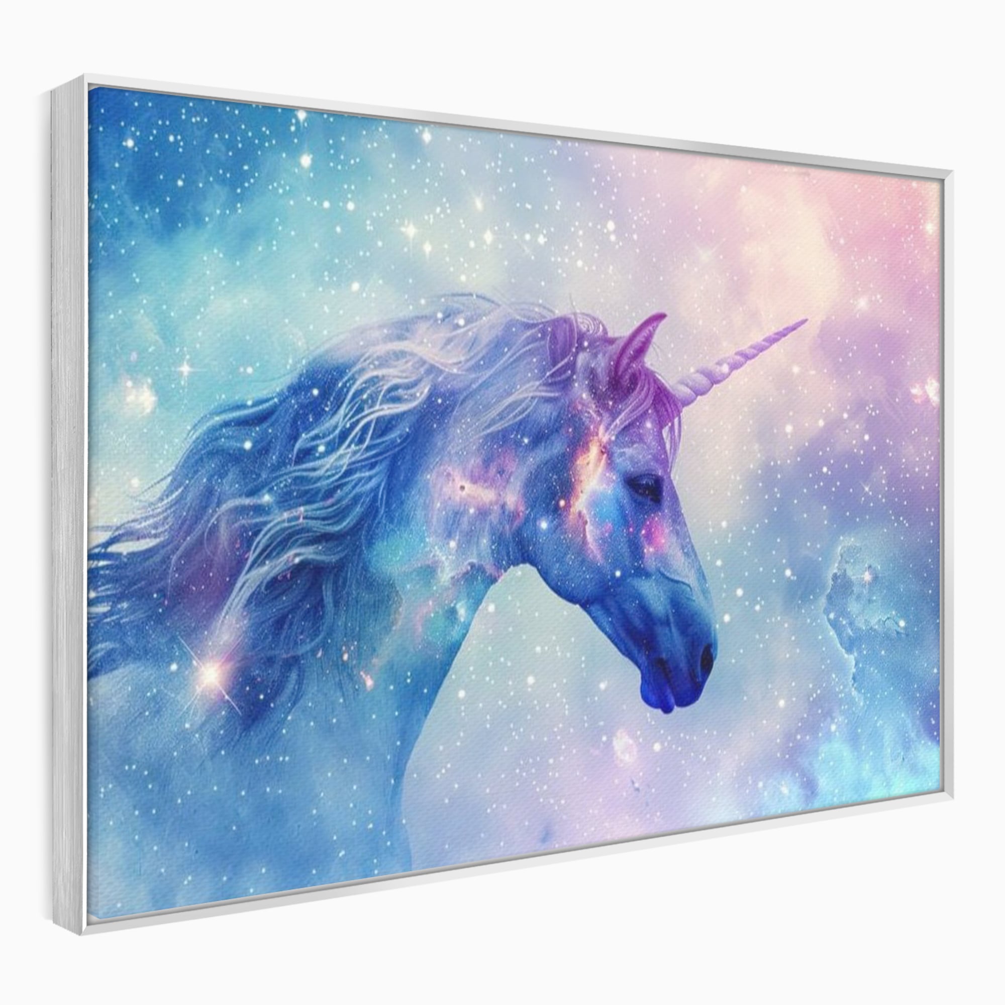 Tablou canvas cu tablou canvas cu unicorn cosmic in galaxie, in rama de aluminiu argintiu