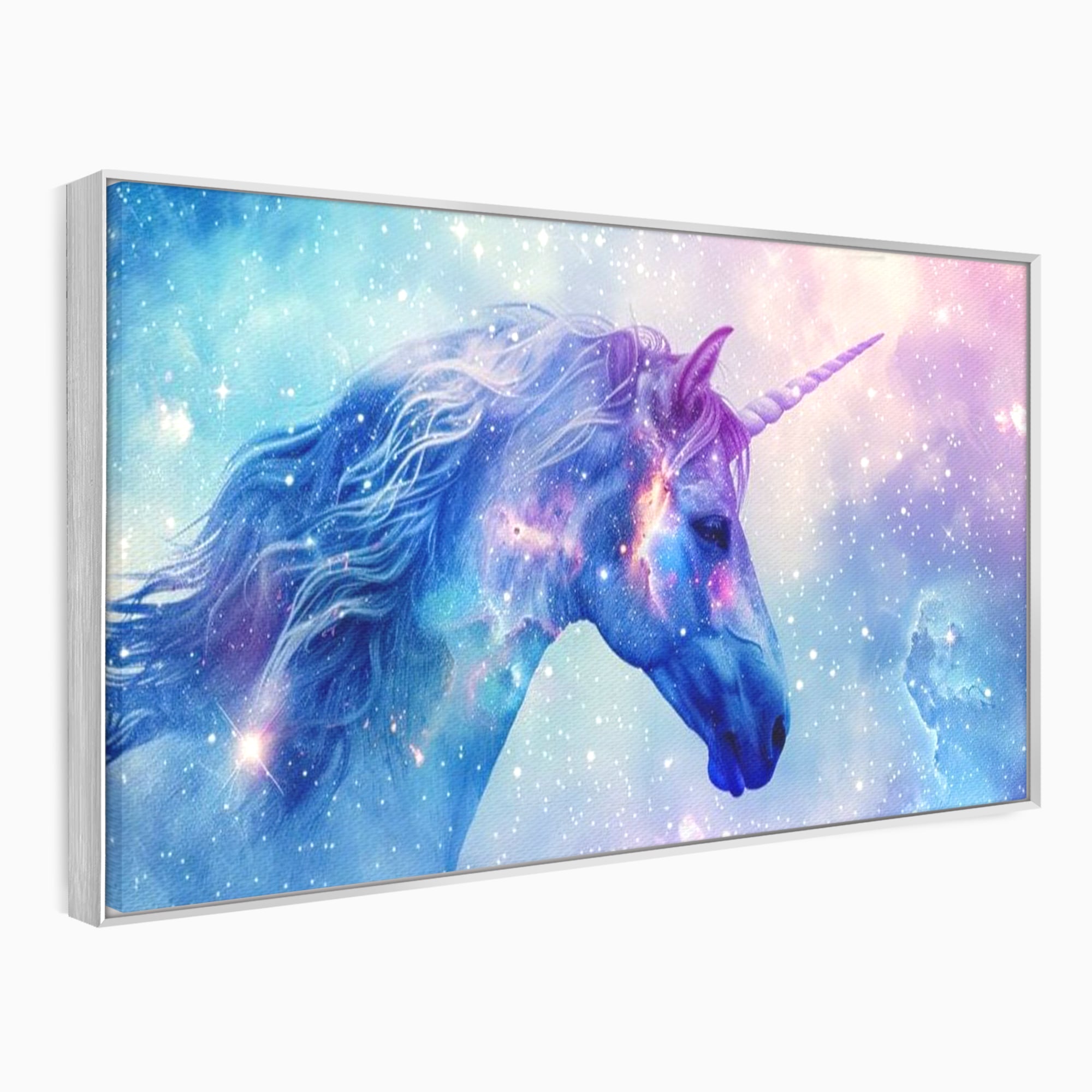 Tablou canvas cu tablou canvas cu unicorn cosmic in galaxie, in rama de aluminiu argintiu