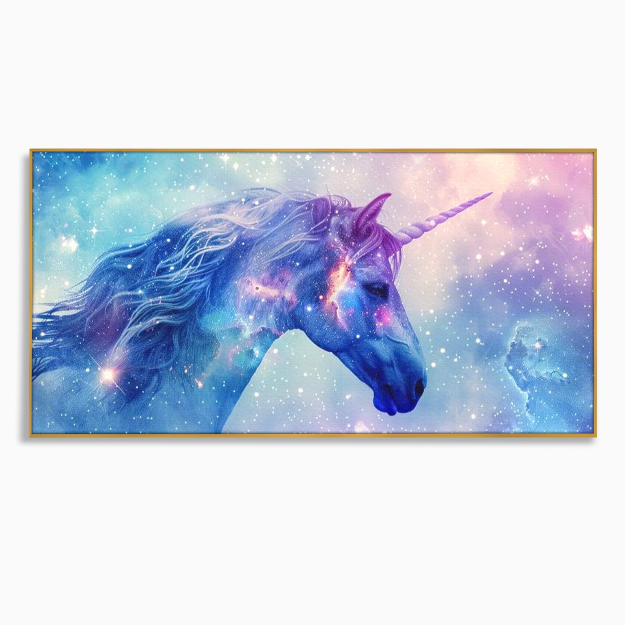 Tablou canvas cu tablou canvas cu unicorn cosmic in galaxie, in rama de aluminiu auriu