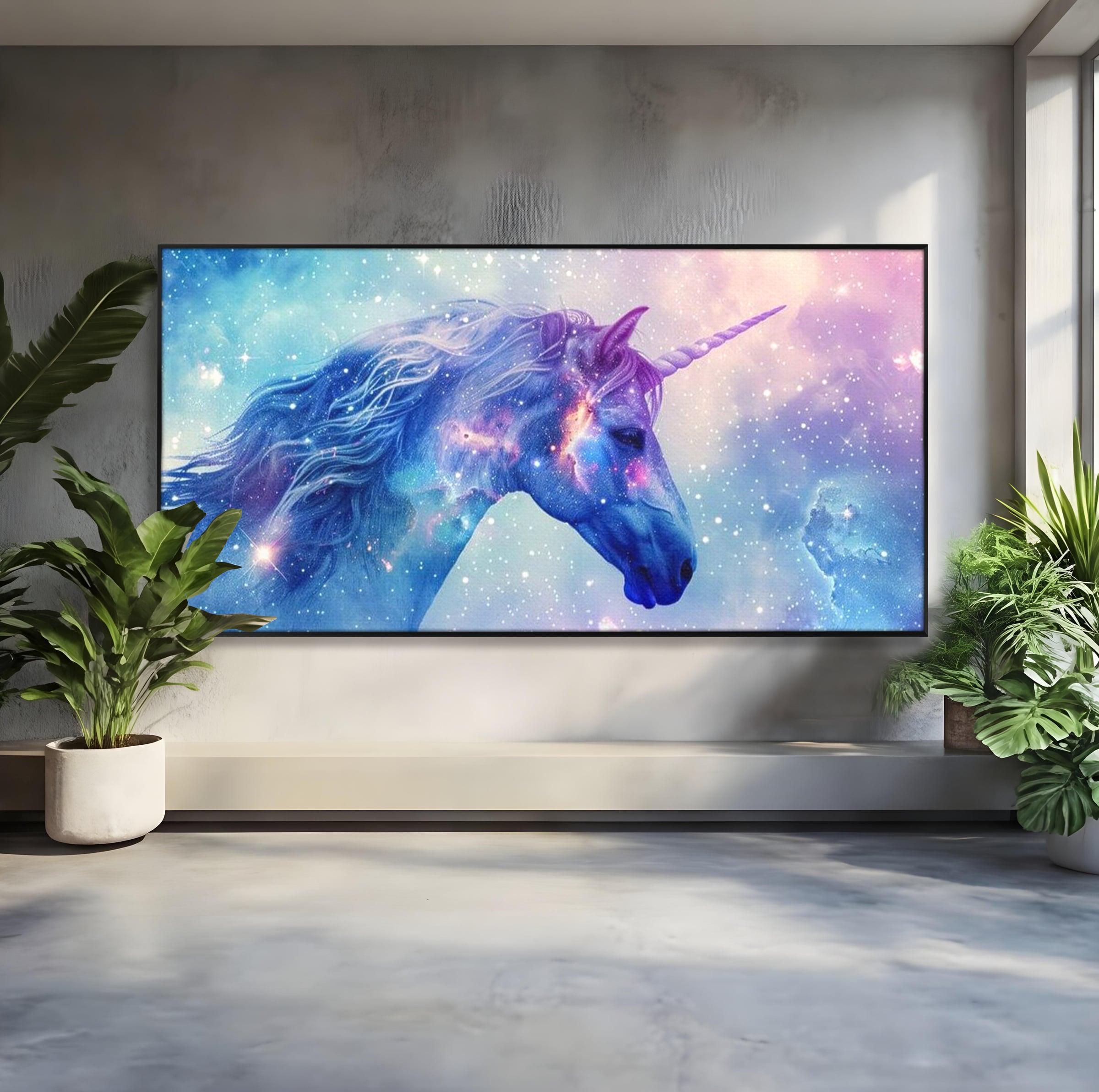 Tablou canvas cu tablou canvas cu unicorn cosmic in galaxie, in rama de aluminiu negru