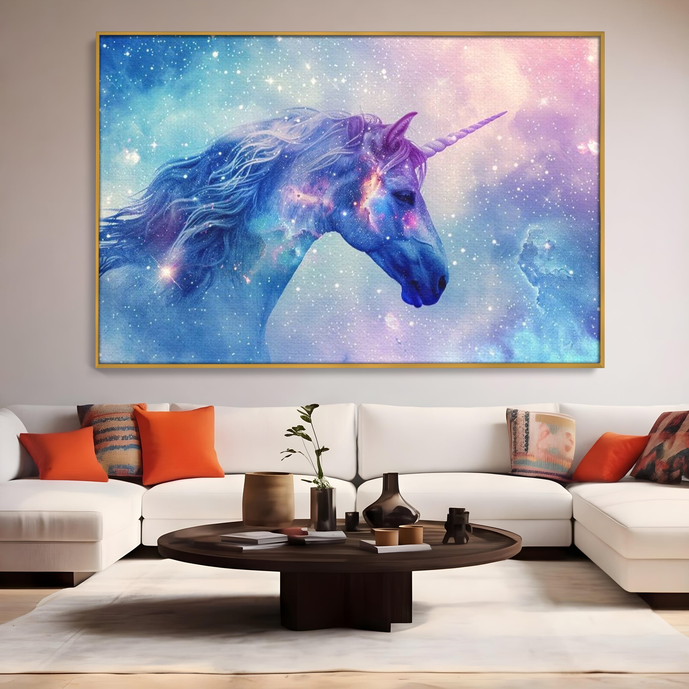 Tablou canvas cu tablou canvas cu unicorn cosmic in galaxie, in rama de aluminiu auriu, pe perete intr-un living