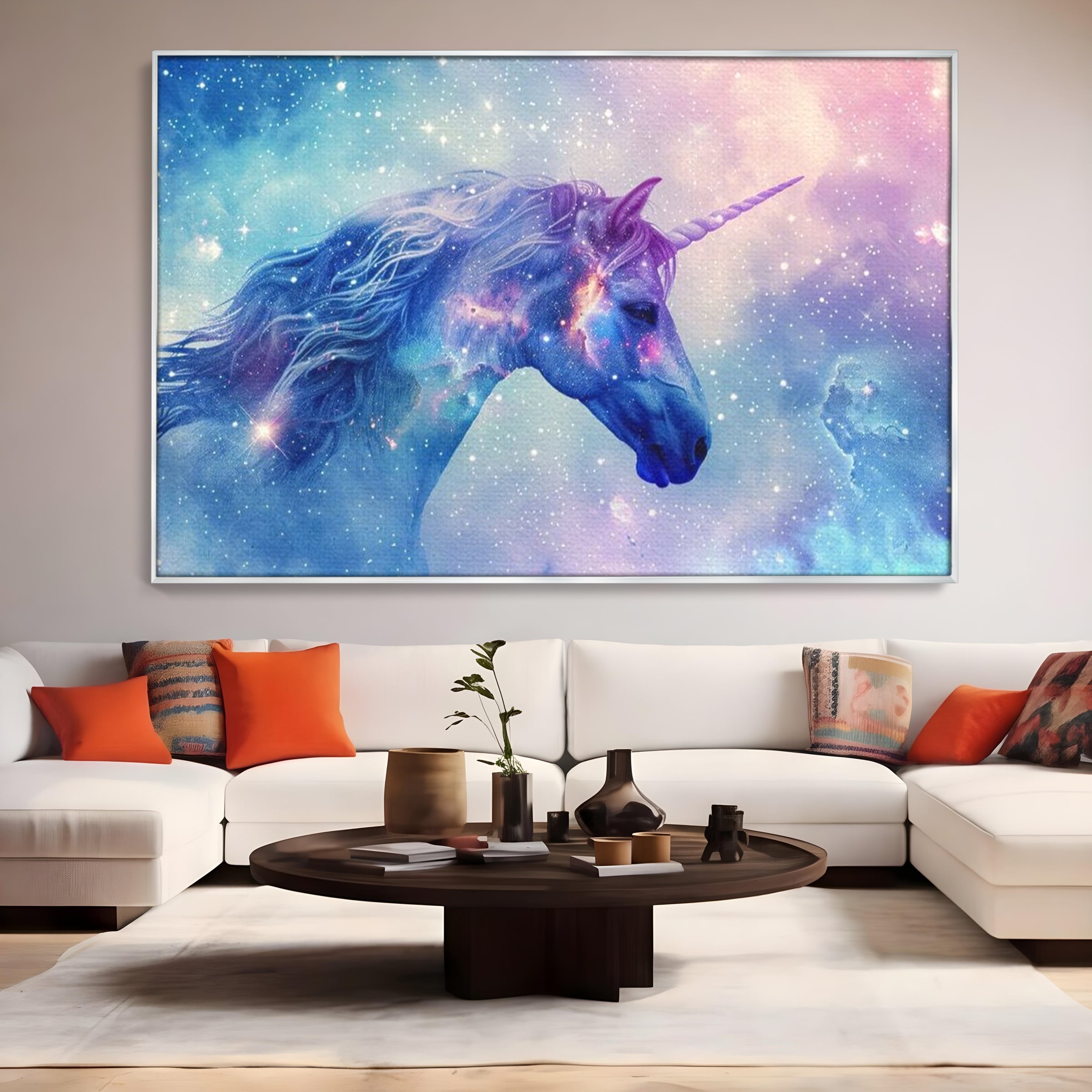 Tablou canvas cu tablou canvas cu unicorn cosmic in galaxie, in rama de aluminiu argintiu, pe perete intr-un living