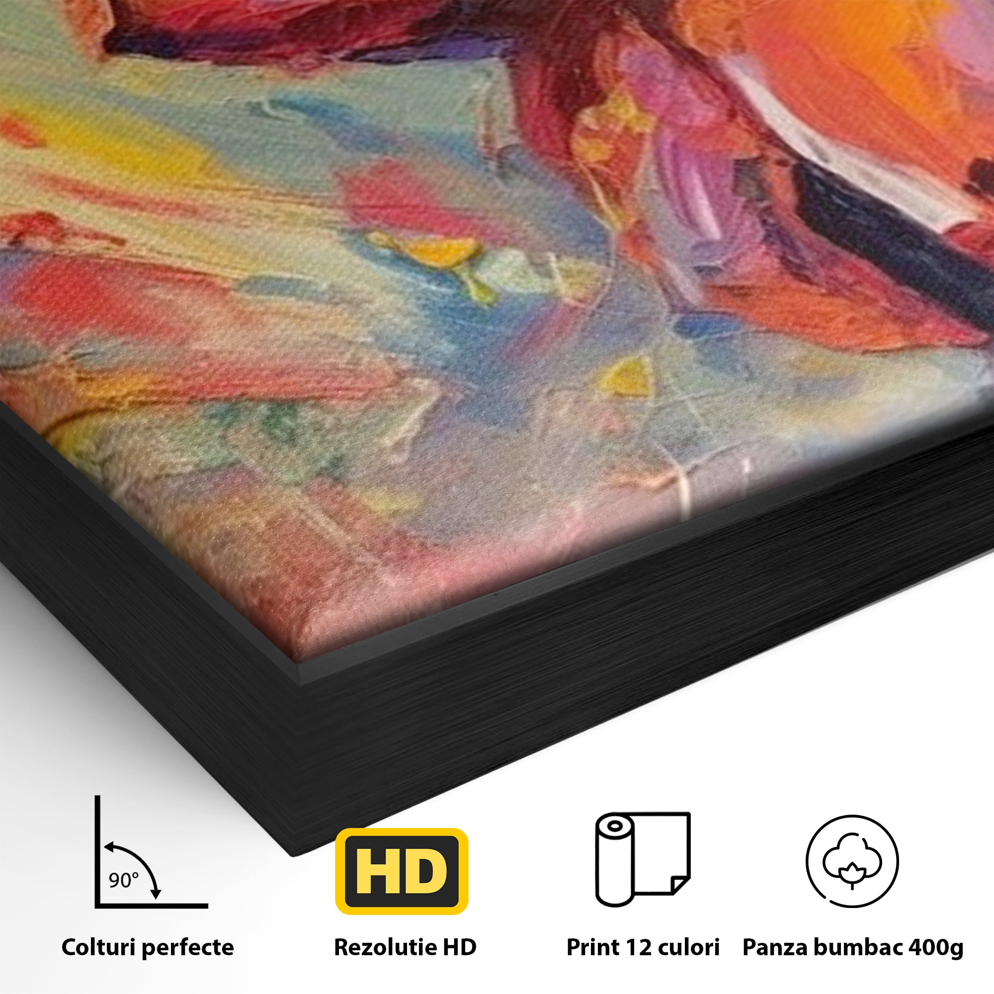 Detaliu al suprafetei: tablou canvas cu iepuras magician colorat, in rama de aluminiu negru