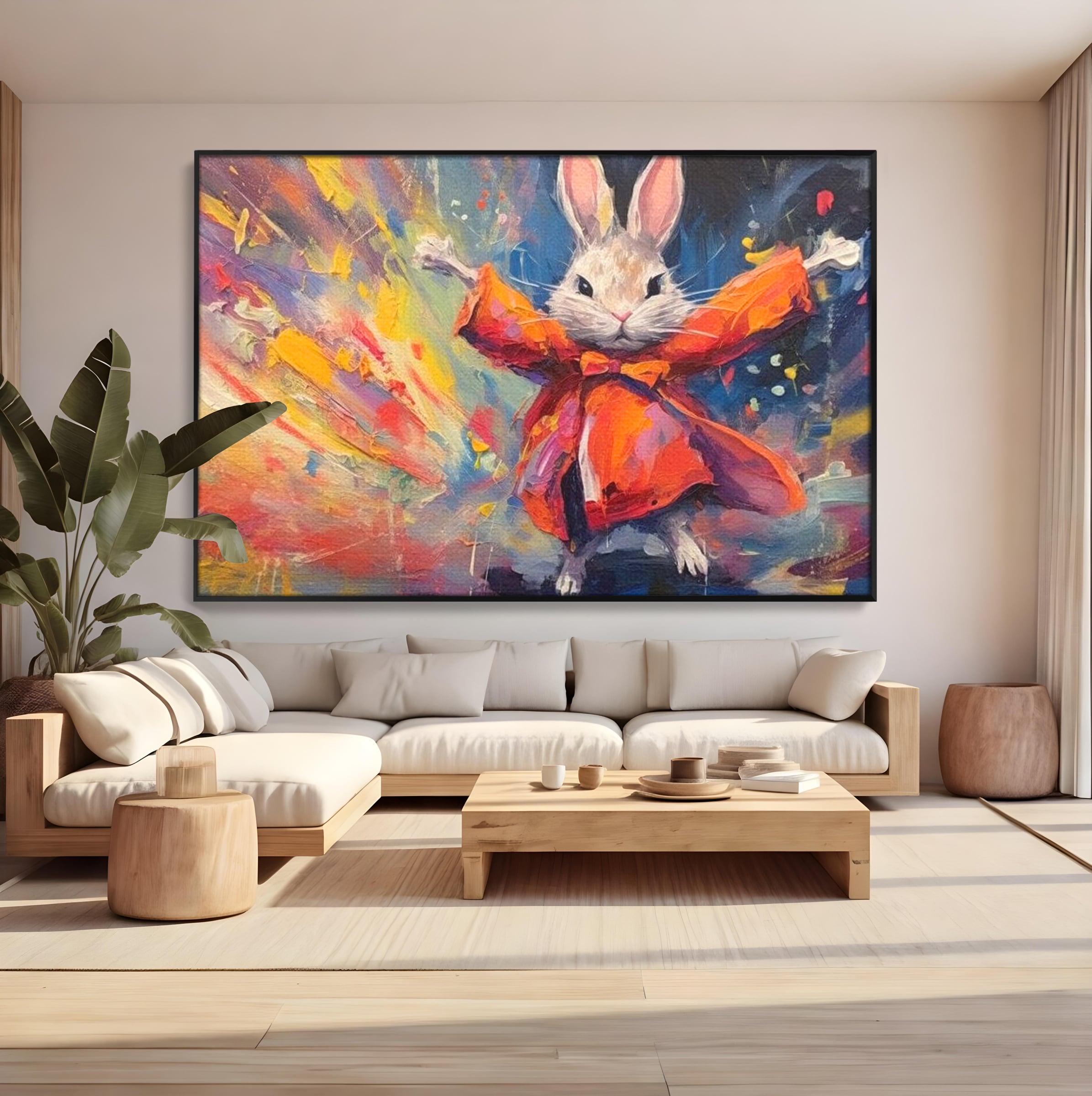 Tablou canvas cu tablou canvas cu iepuras magician colorat, in rama de aluminiu negru, pe perete intr-un living