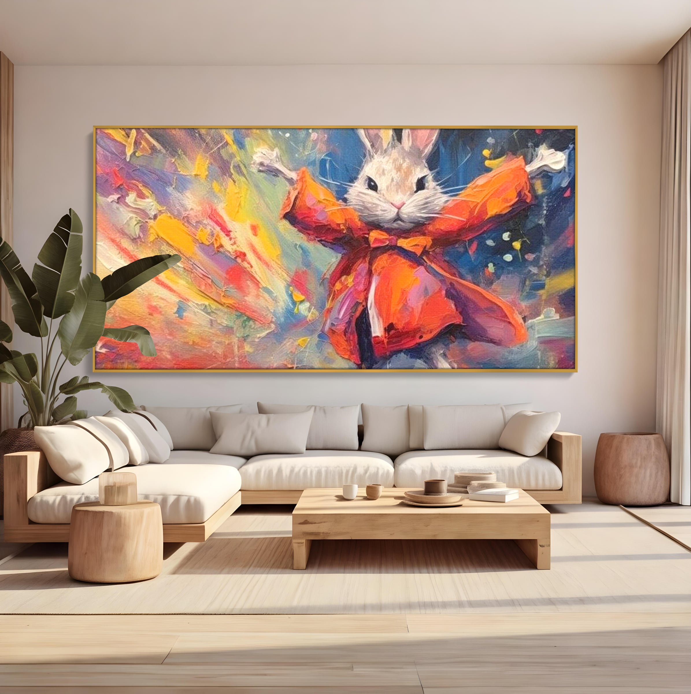 Tablou canvas cu tablou canvas cu iepuras magician colorat, in rama de aluminiu auriu, pe perete intr-un living